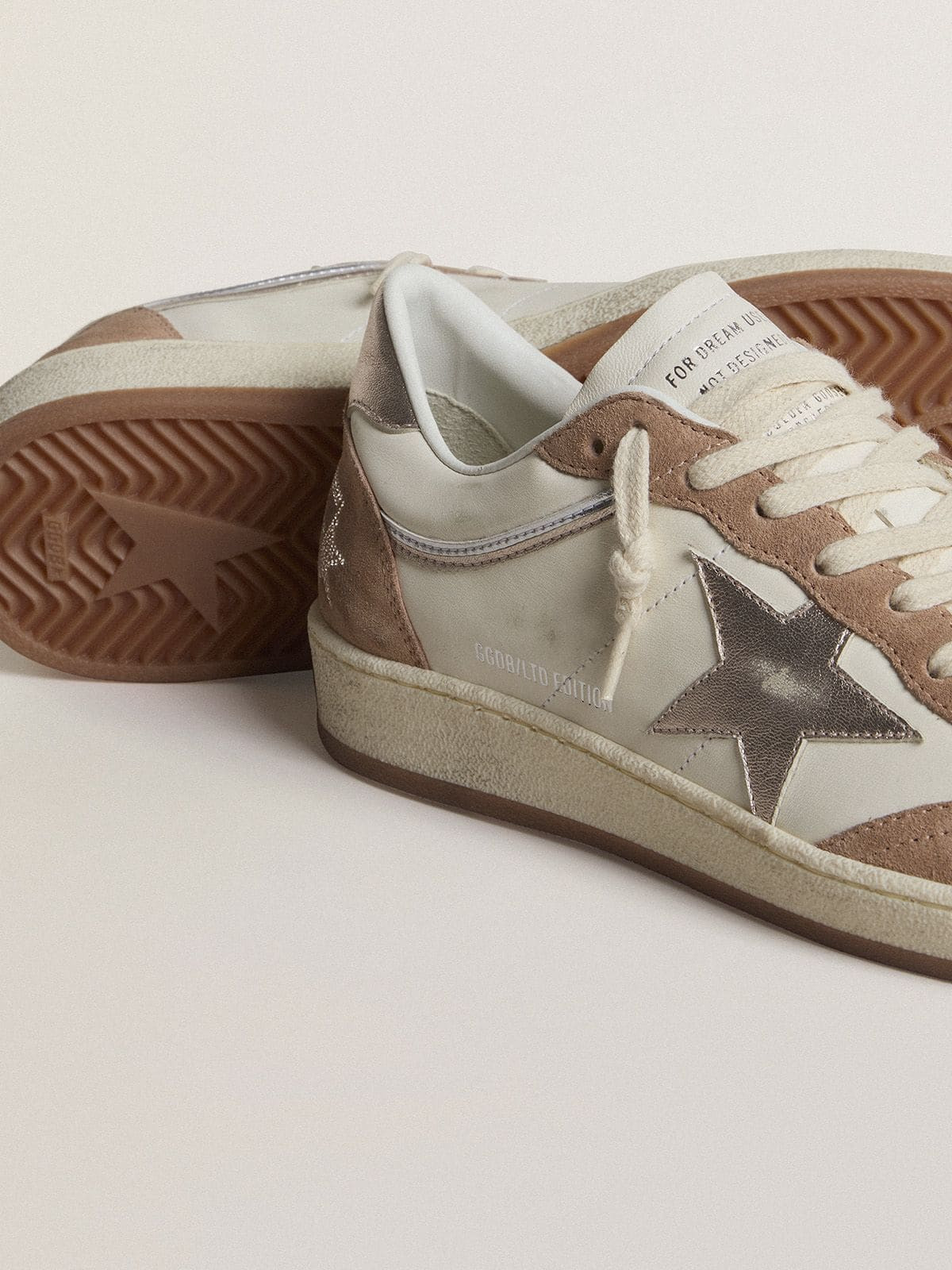 Ball Star LTD in white nappa leather and old rose suede with metallic silver leather star and heel t - 3