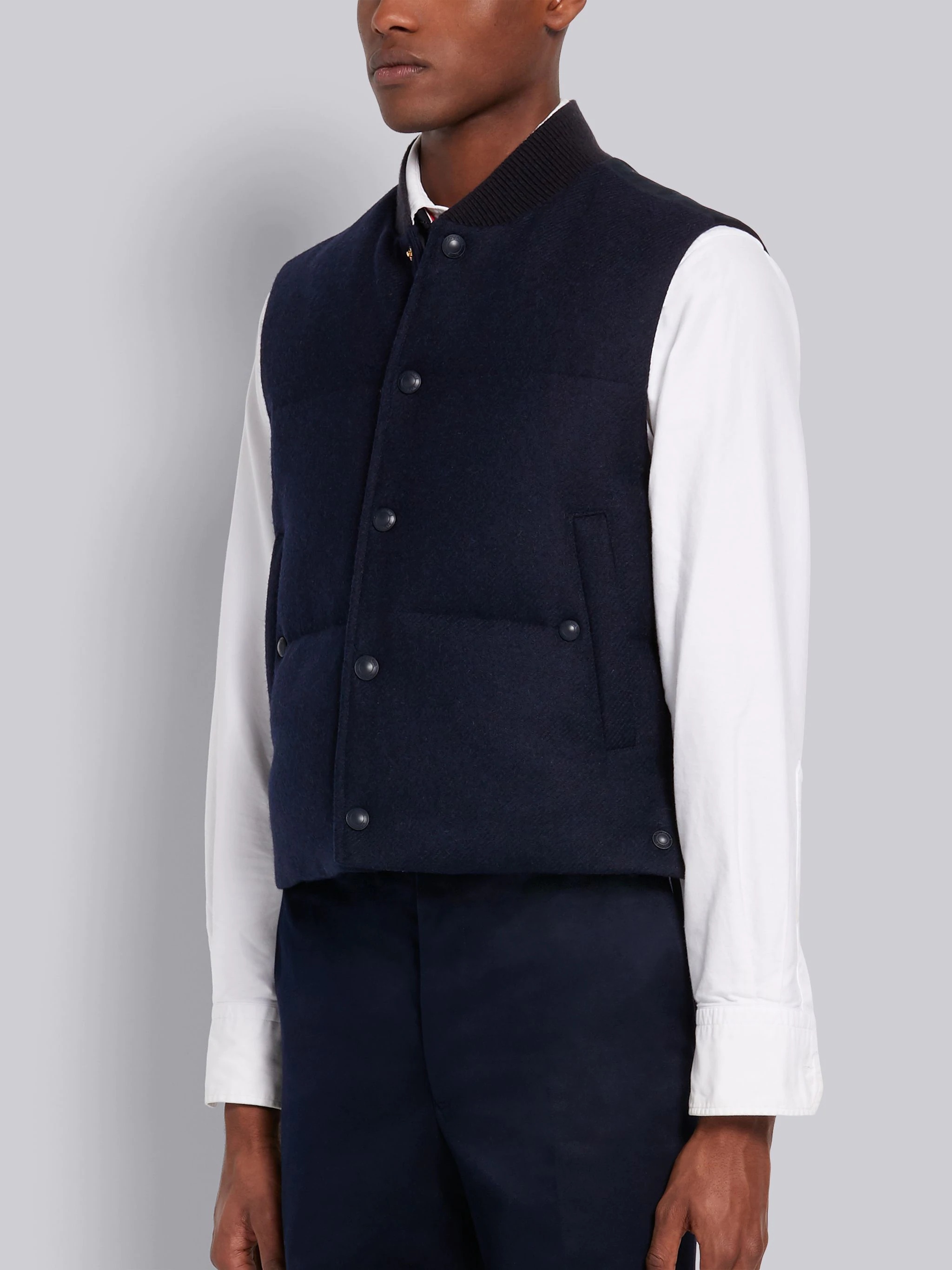 Navy Down Filled Shetland Wool Snap Front Vest - 2