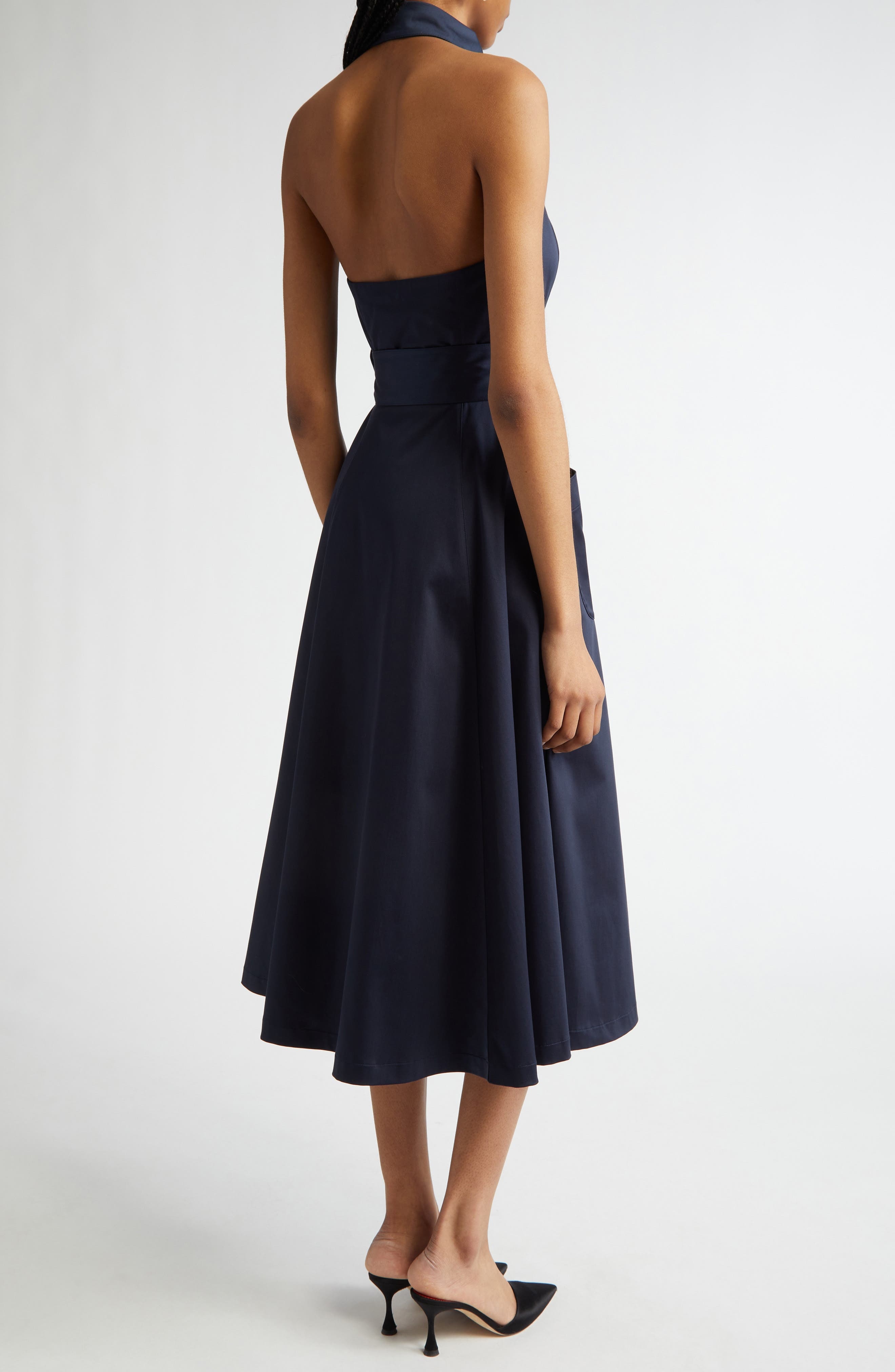 Carolina Herrera Halter Neck Belted Stretch Cotton Sateen Shirtdress in Midnight at Nordstrom - 2