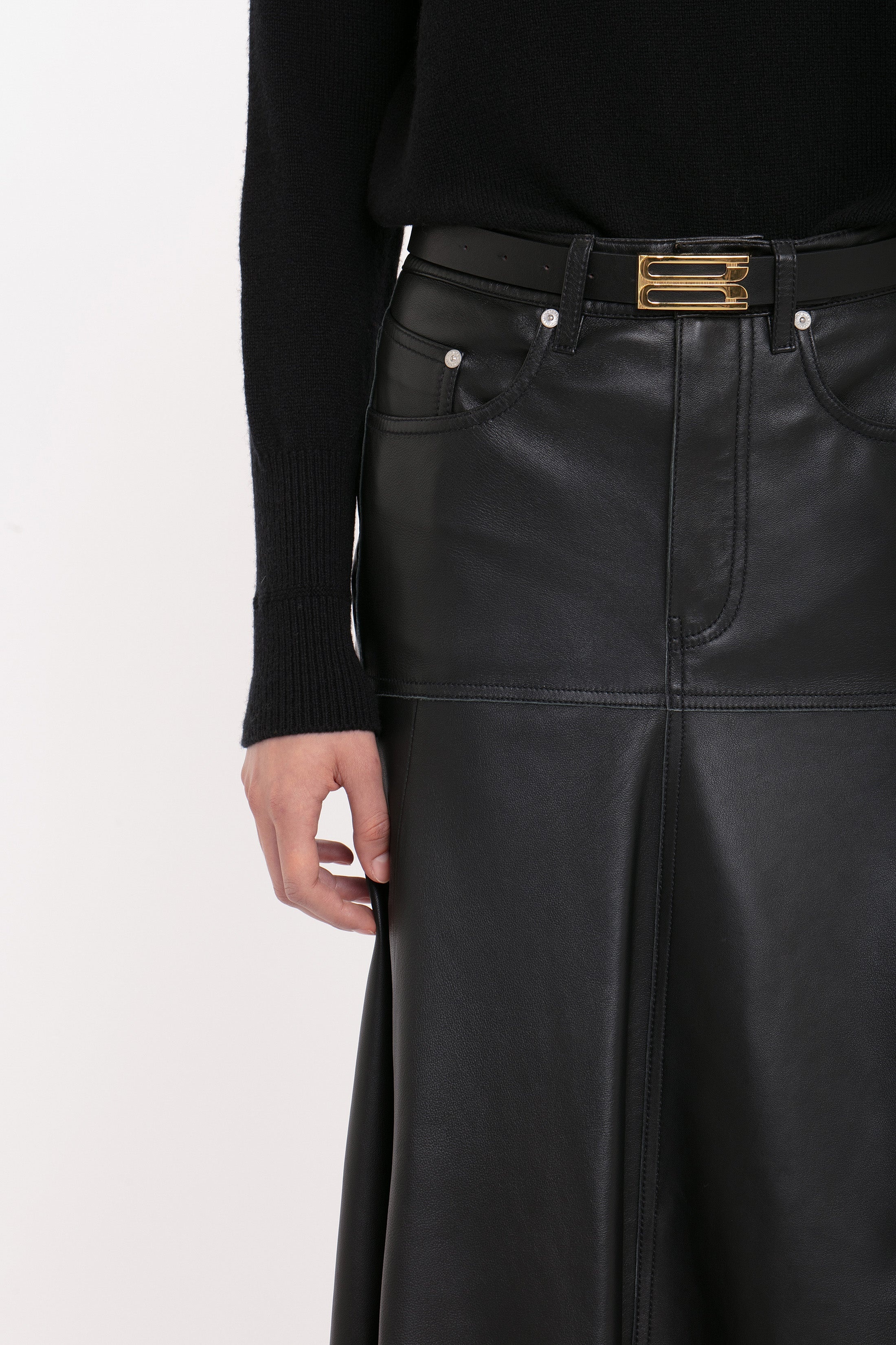 Panelled Flare Skirt In Soft Black Leather - 5