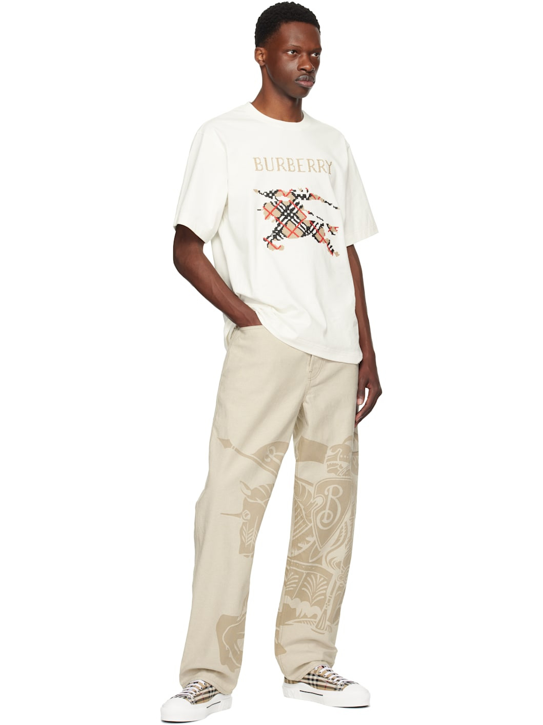 Beige Check Sneakers - 5