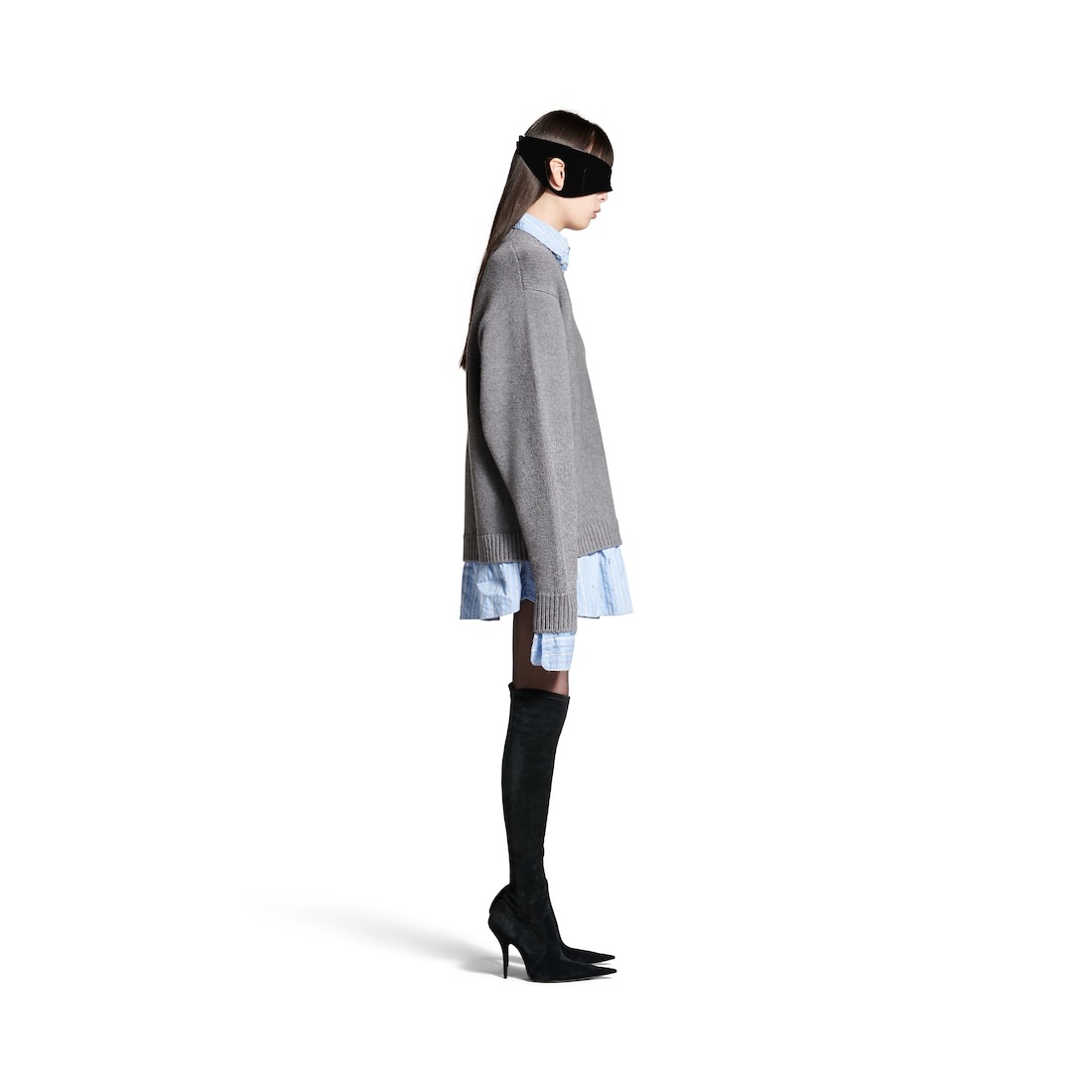 Women's Layered Shirt V-neck Sweater in Grey - 3