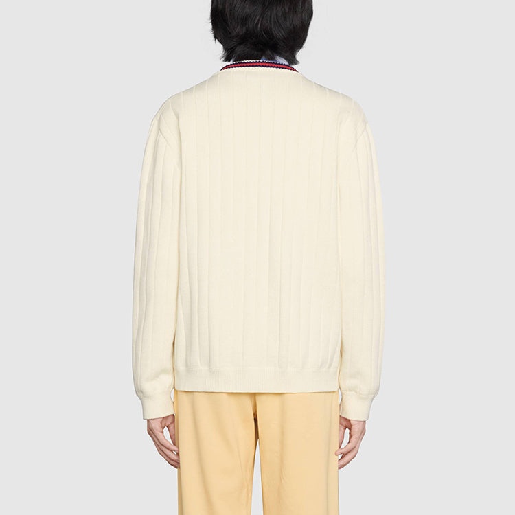 Gucci Knit Cotton V-Neck Cardigan With Web 'Ivory' 654984-XKBUR-9182 - 3
