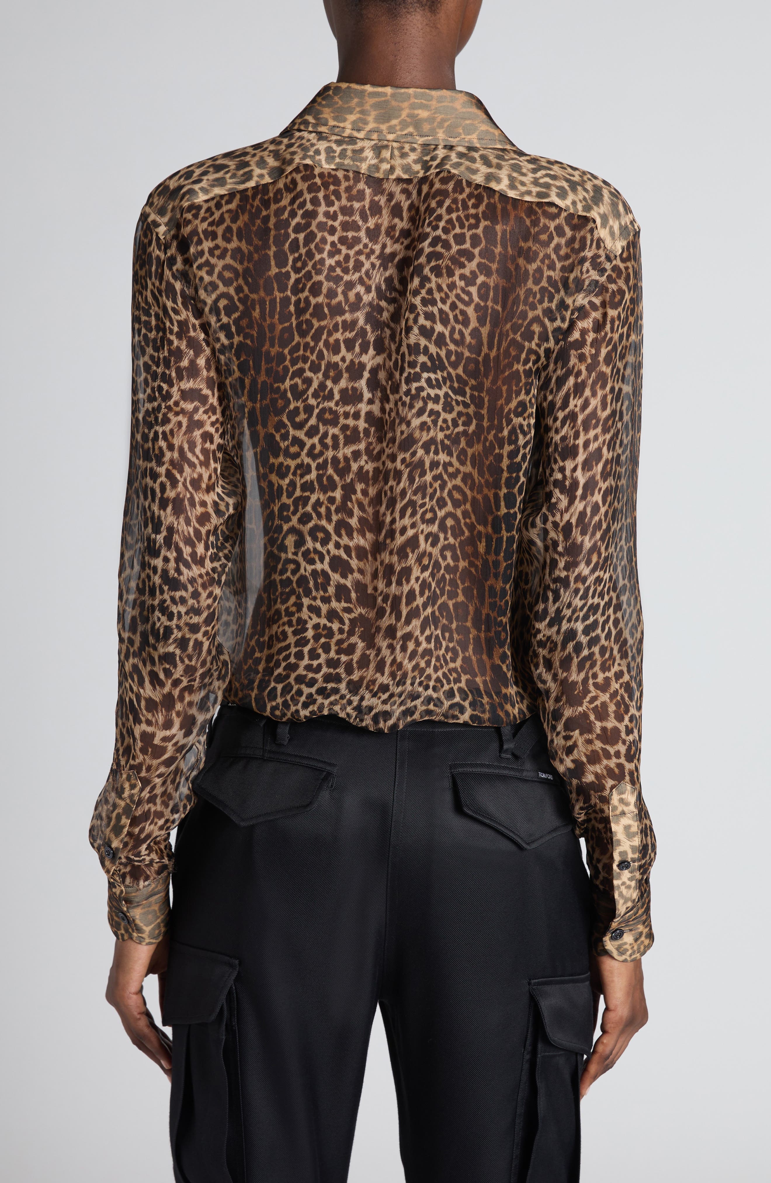 TOM FORD Leopard Print Silk Chiffon & Crepe Shirt in Leopard Brown/Black at Nordstrom - 3