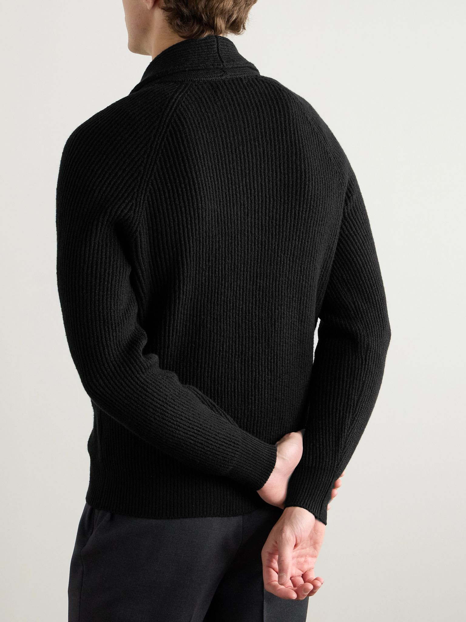 Shawl-Collar Ribbed Cotton Cardigan Black - 3