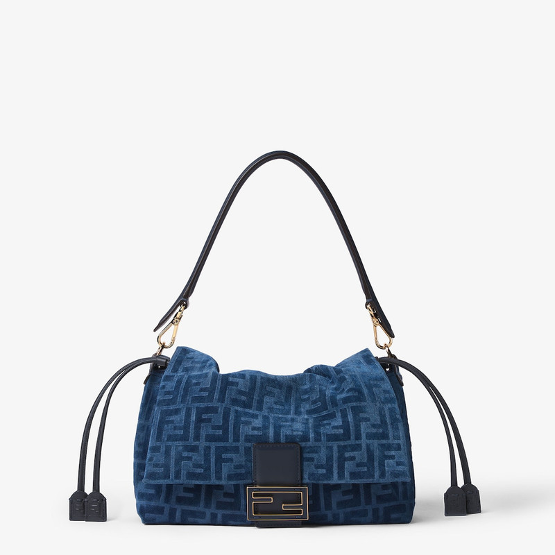 Mamma Baguette Medium Blue flocked FF denim bag 1