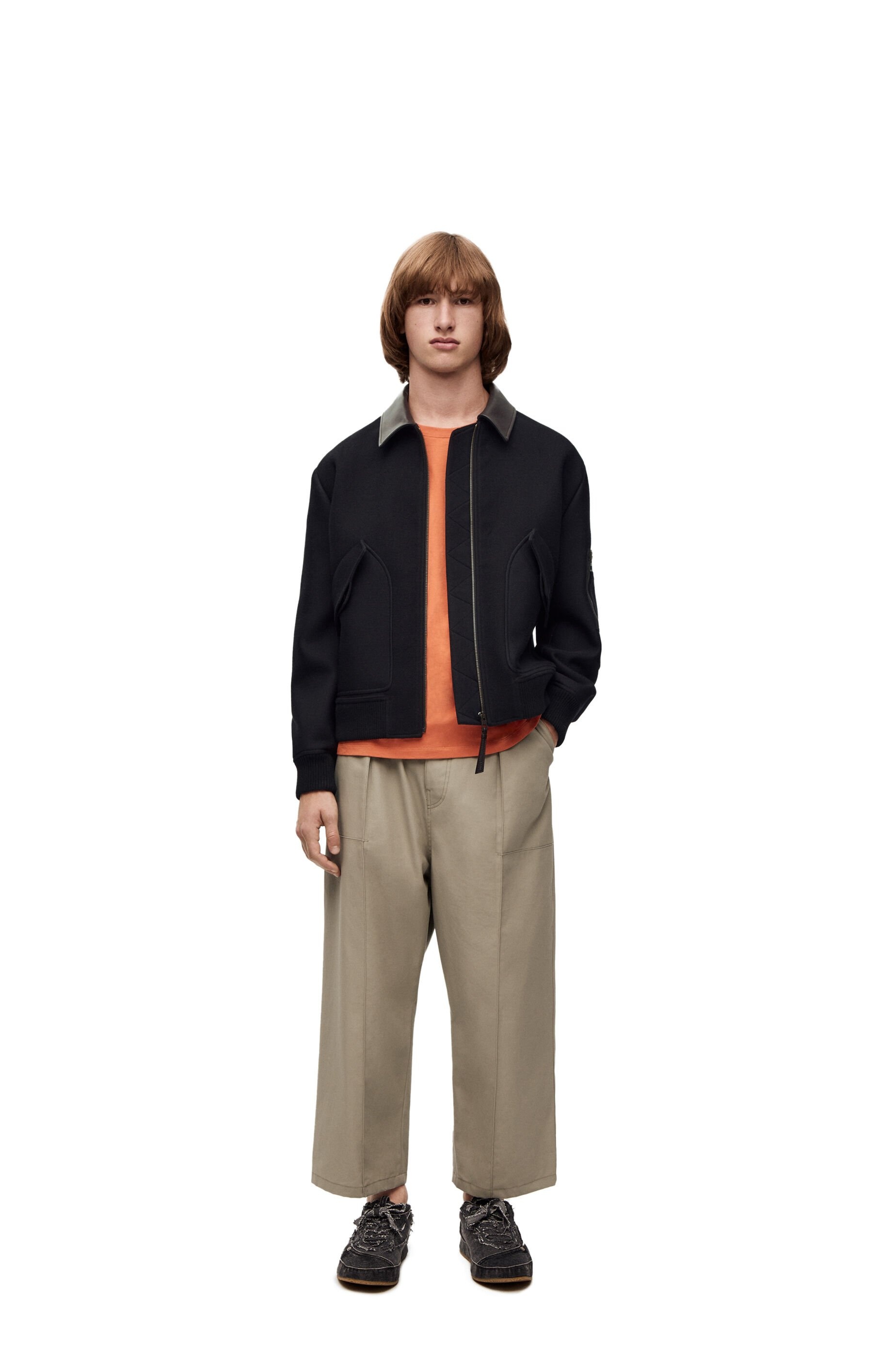 Leather collar bomber jacket in wool and silk - 2