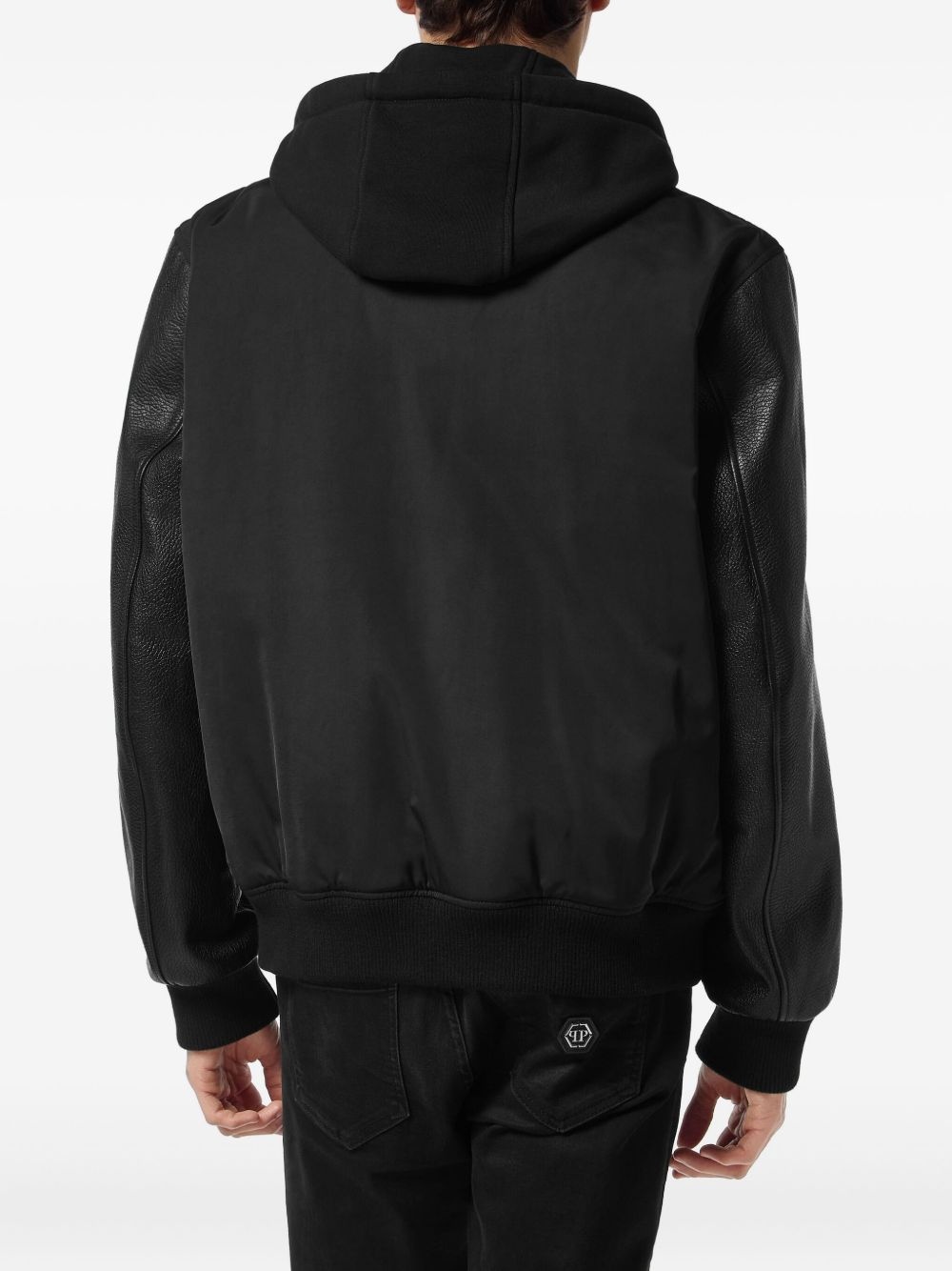 leather-sleeve hooded bomber jacket - 3
