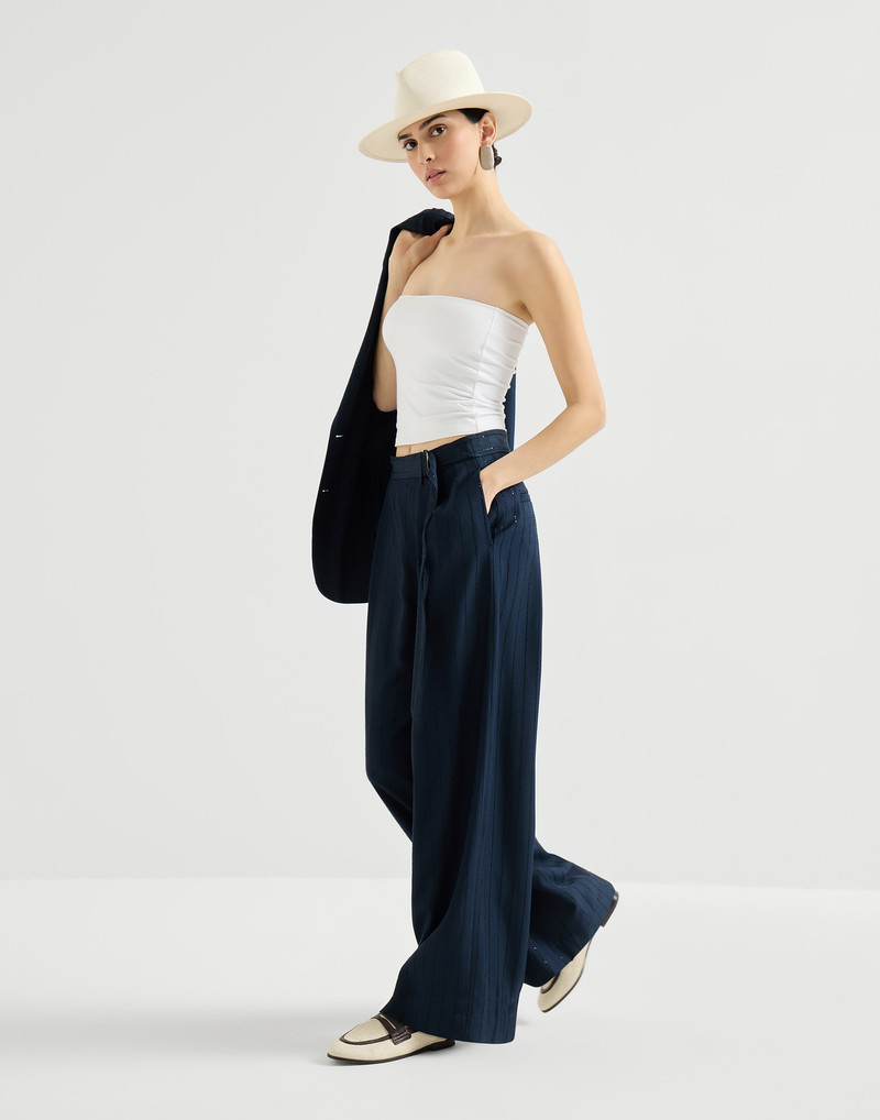 Dazzling chalkstripe sartorial wrap trousers with monili 5
