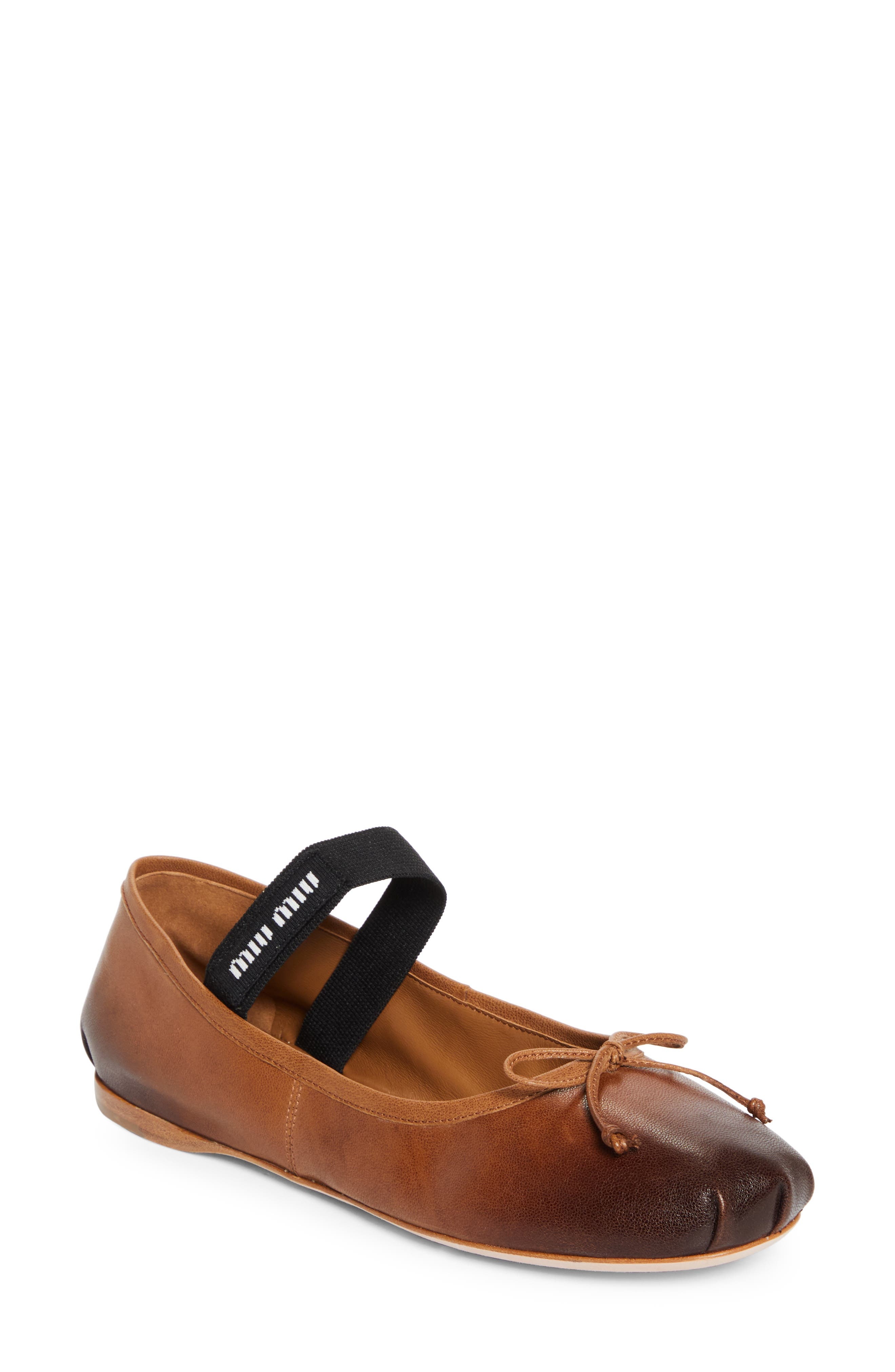 Miu Miu Ballerina Logo Band Flat in Caramel at Nordstrom - 1