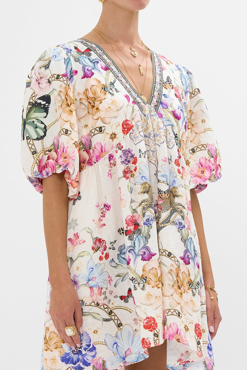 V NECK PUFF SLEEVE SHORT DRESS - 6