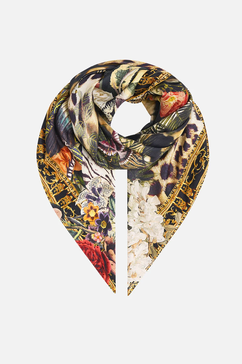LARGE CRYSTALLED SILK SQUARE SCARF LEOTIGRA LAND - 1