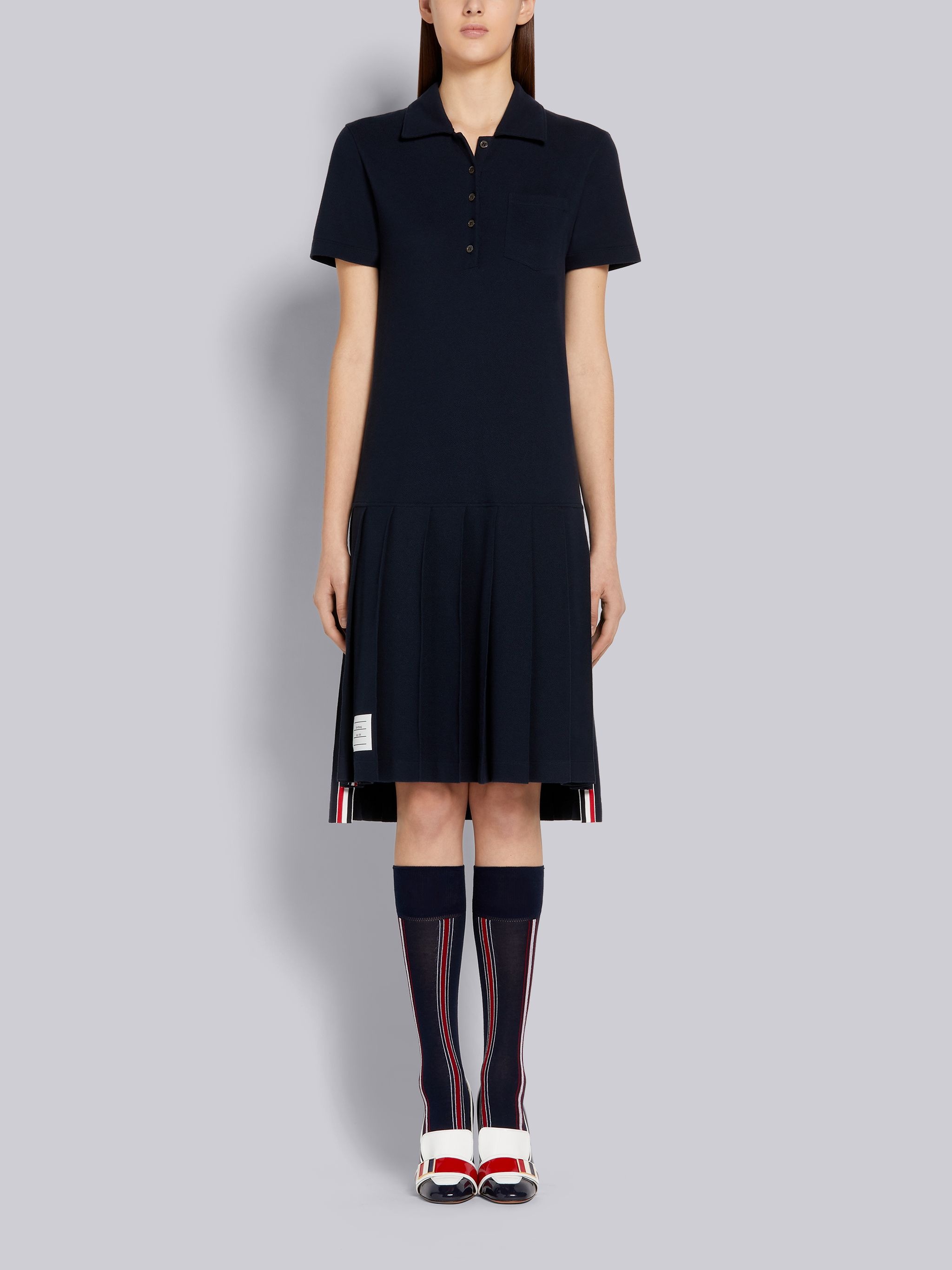 Thom Browne Navy Classic Pique Pleated Bottom Short-sleeved