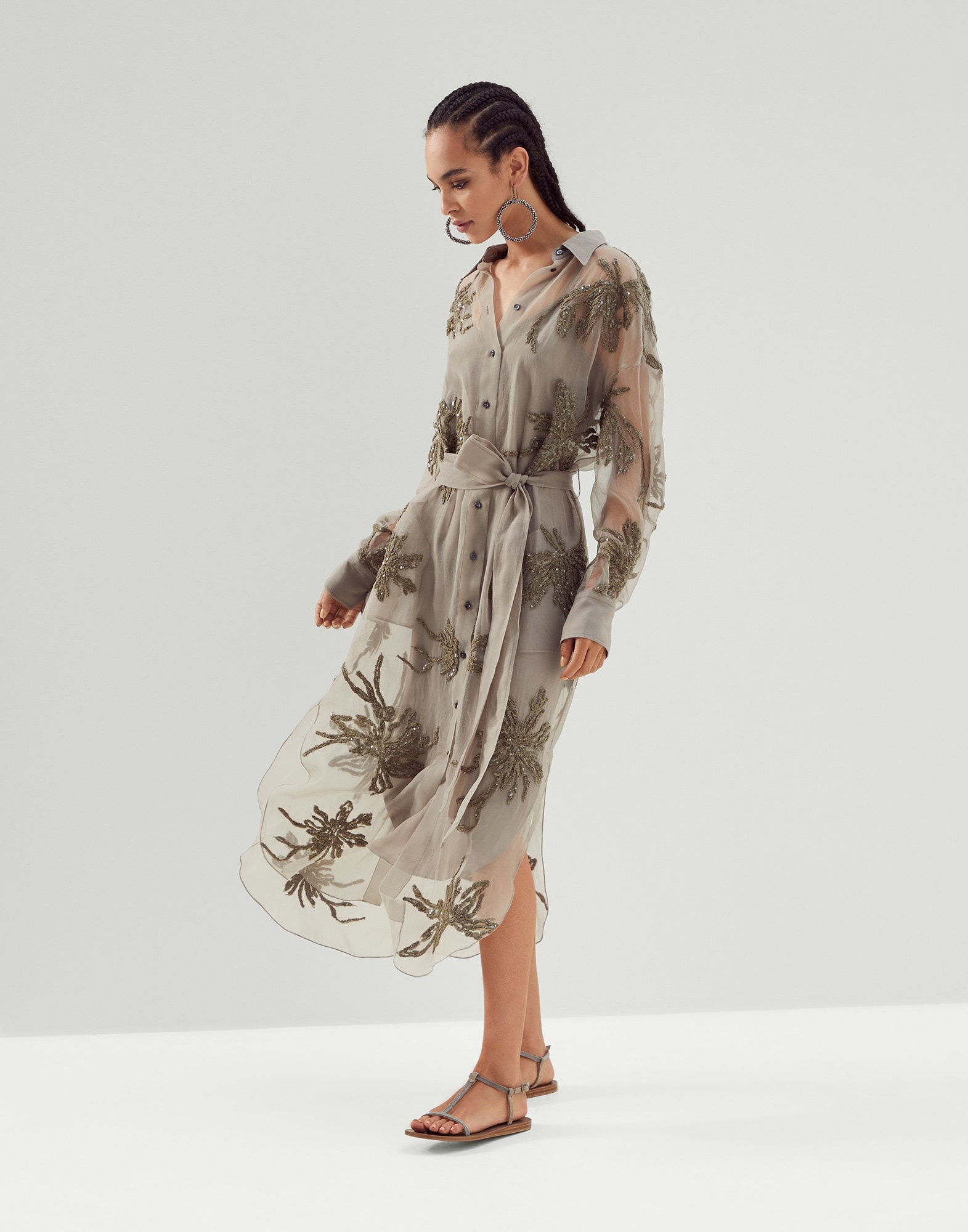 Crispy silk shirt dress with marine flower embroidery - 5