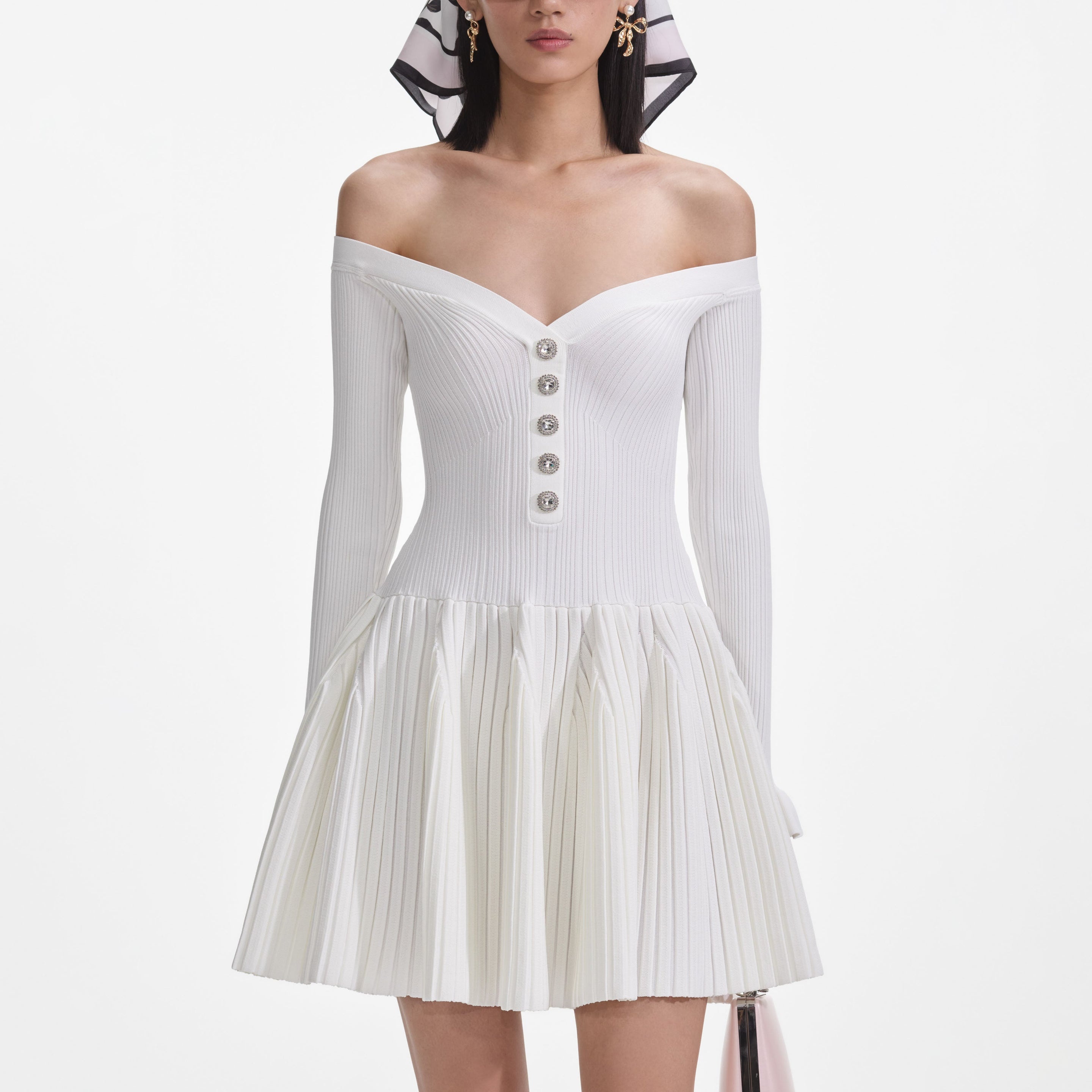 White Ribbed Knit Mini Dress - 4