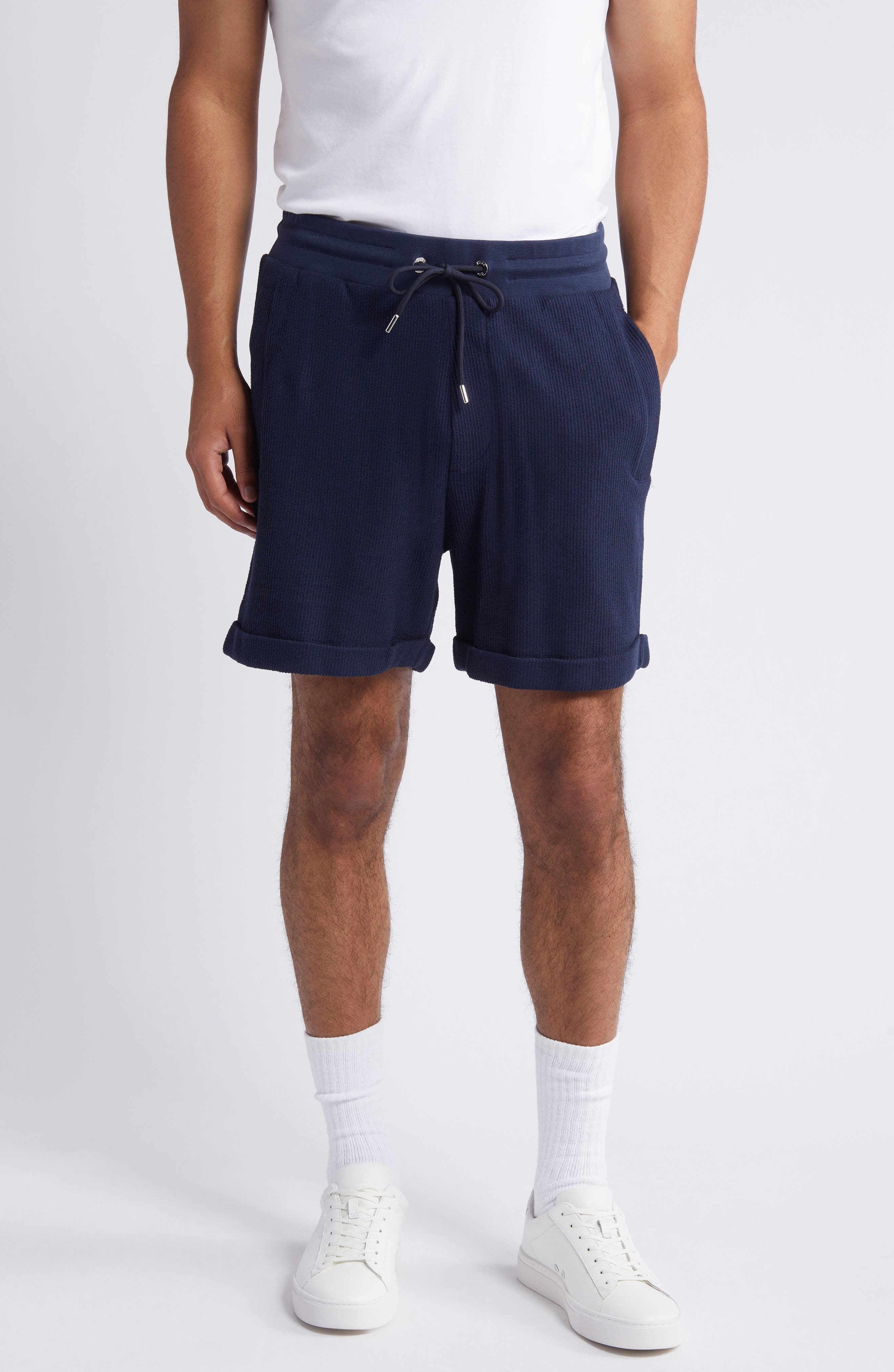 BOSS Lasdun Cotton Gauze Drawstring Shorts in Dark Blue at Nordstrom - 1