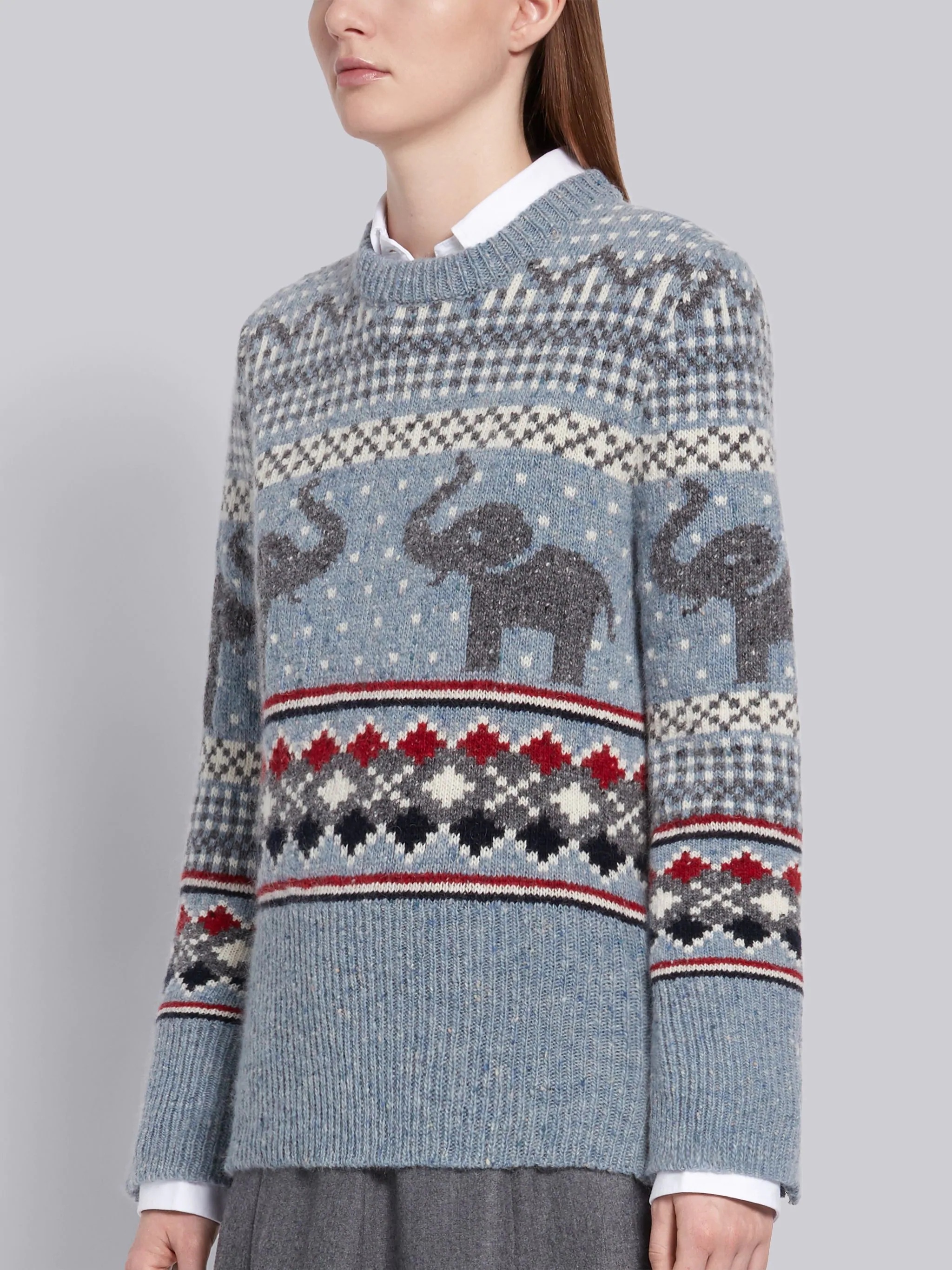 Light Blue Mohair Wool Elephant Icon Fair Isle Crewneck Pullover - 2