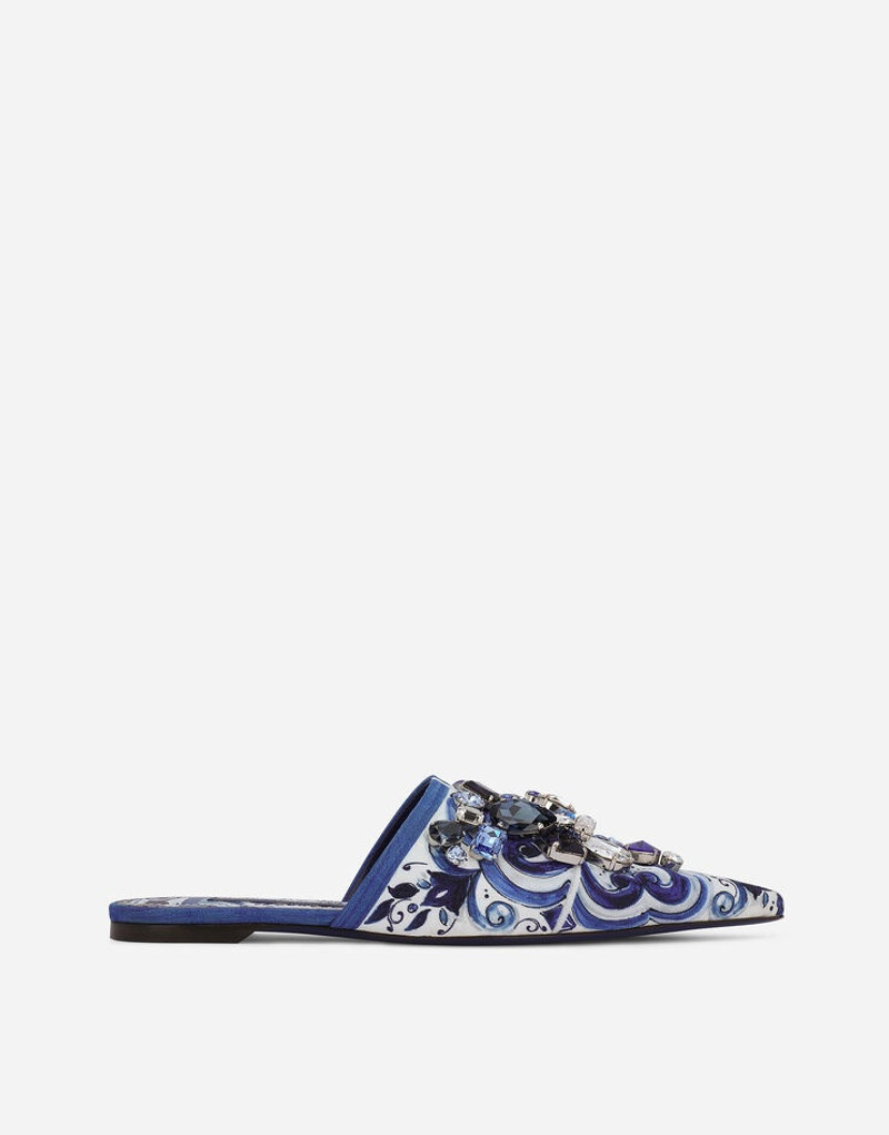 Majolica-print brocade mules with embroidery 1