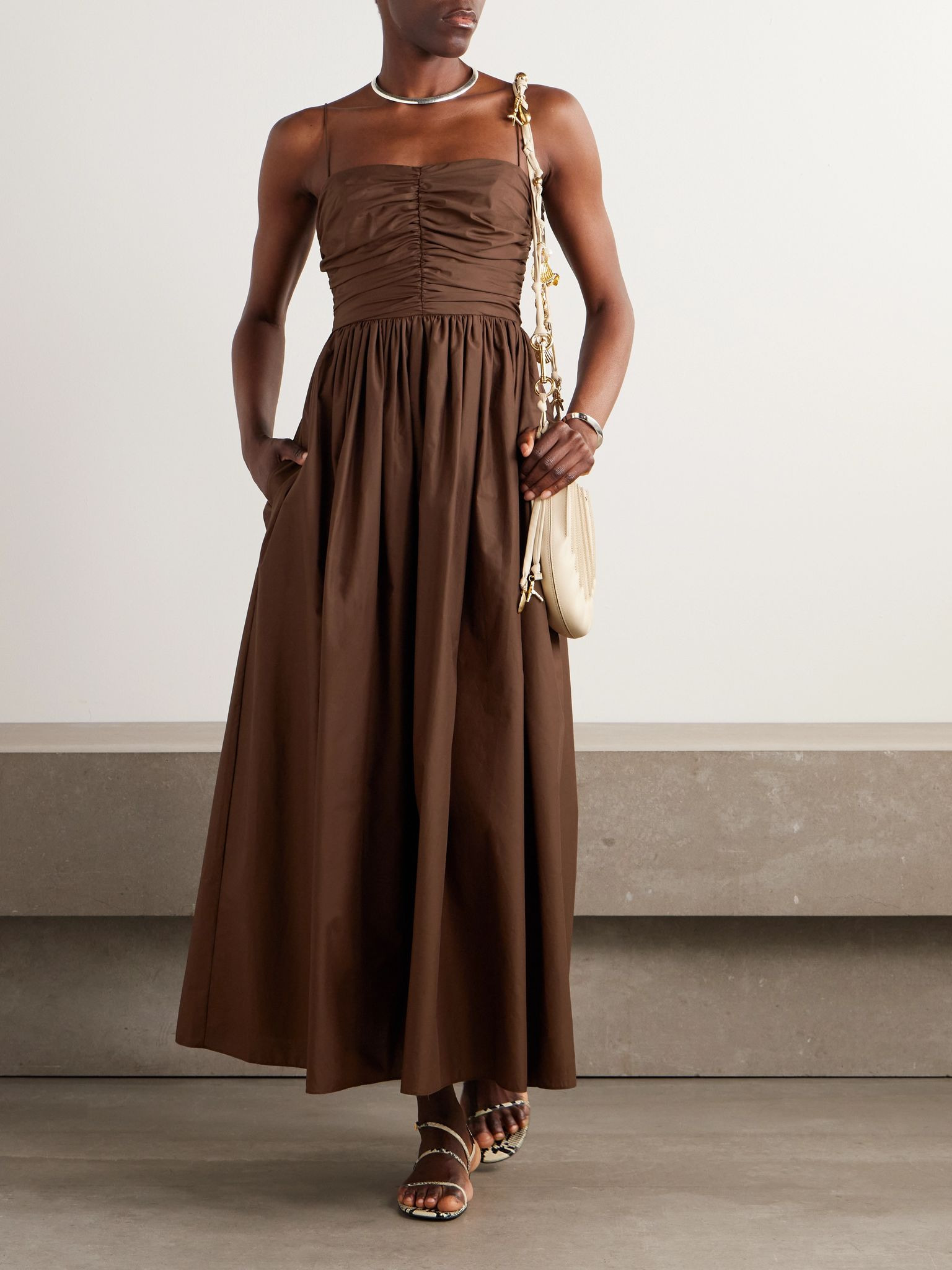 Gathered organic cotton-poplin midi dress Brown - 2