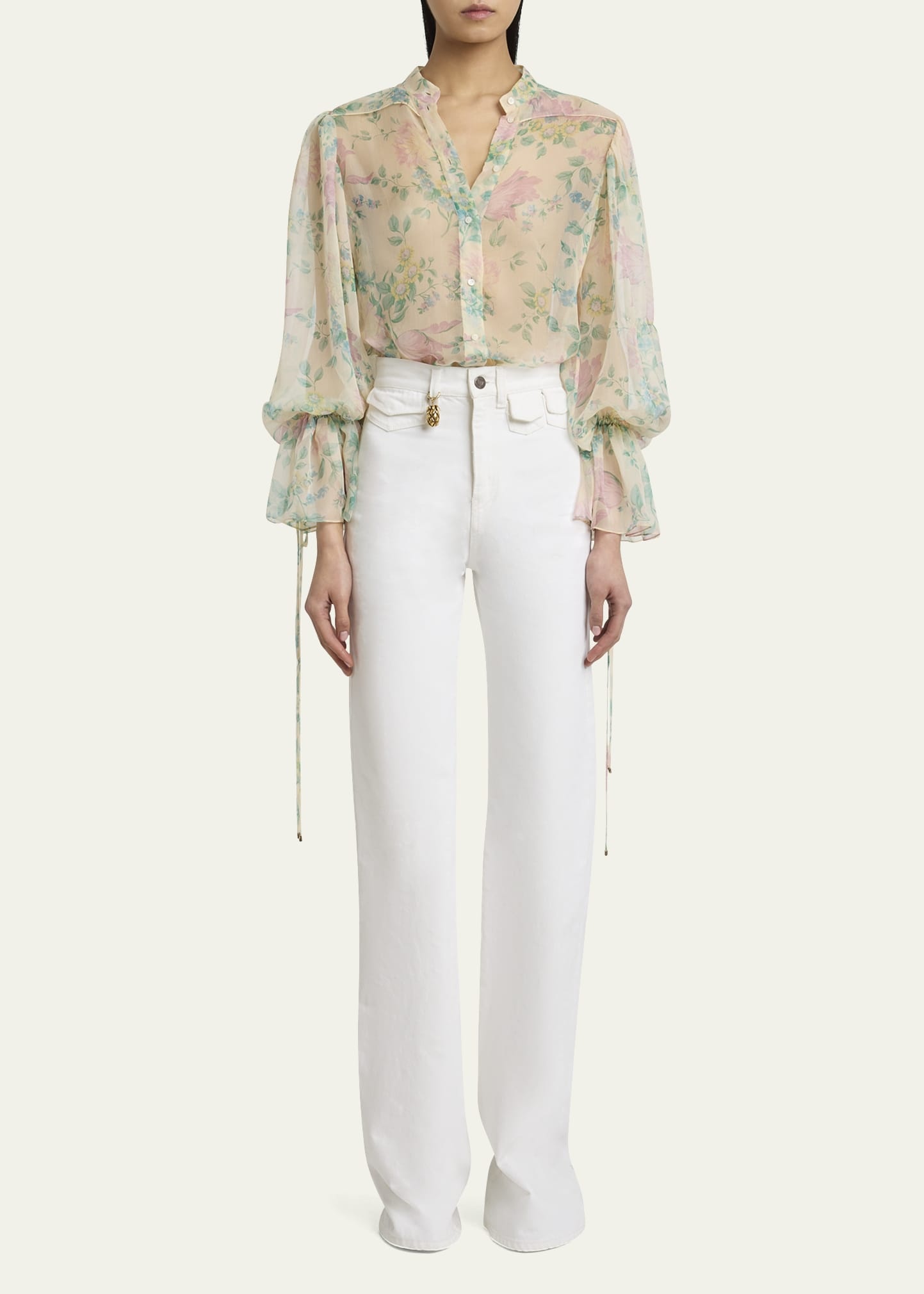 Floral Silk Balloon-Sleeve Button-Down Top - 2