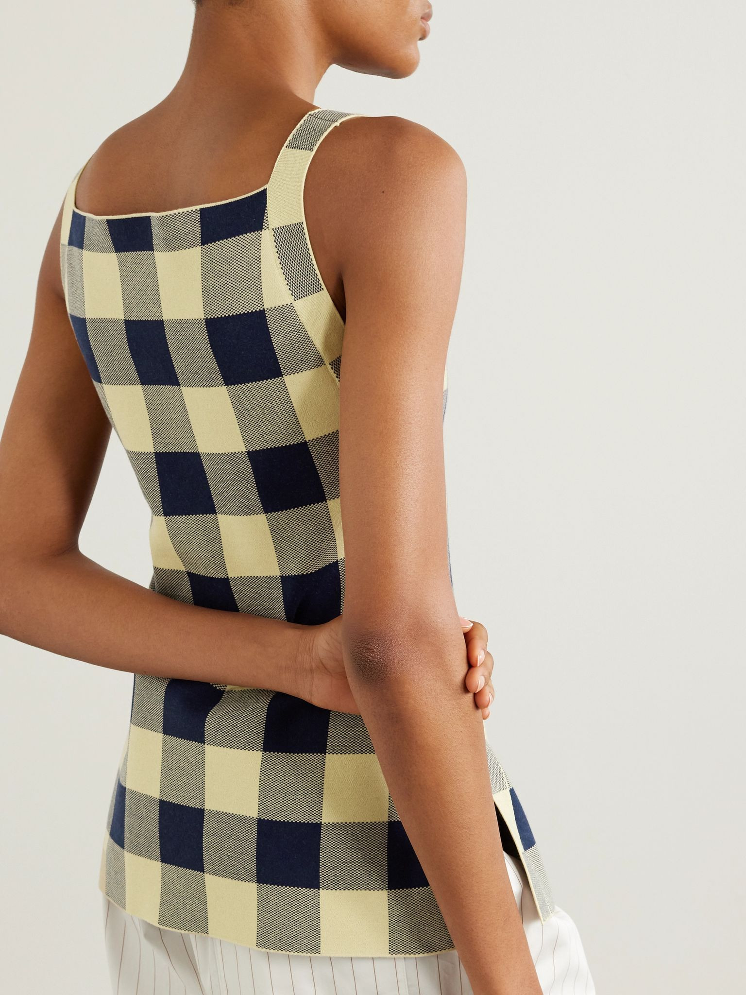Asher gingham stretch-cotton jacquard top Navy - 3