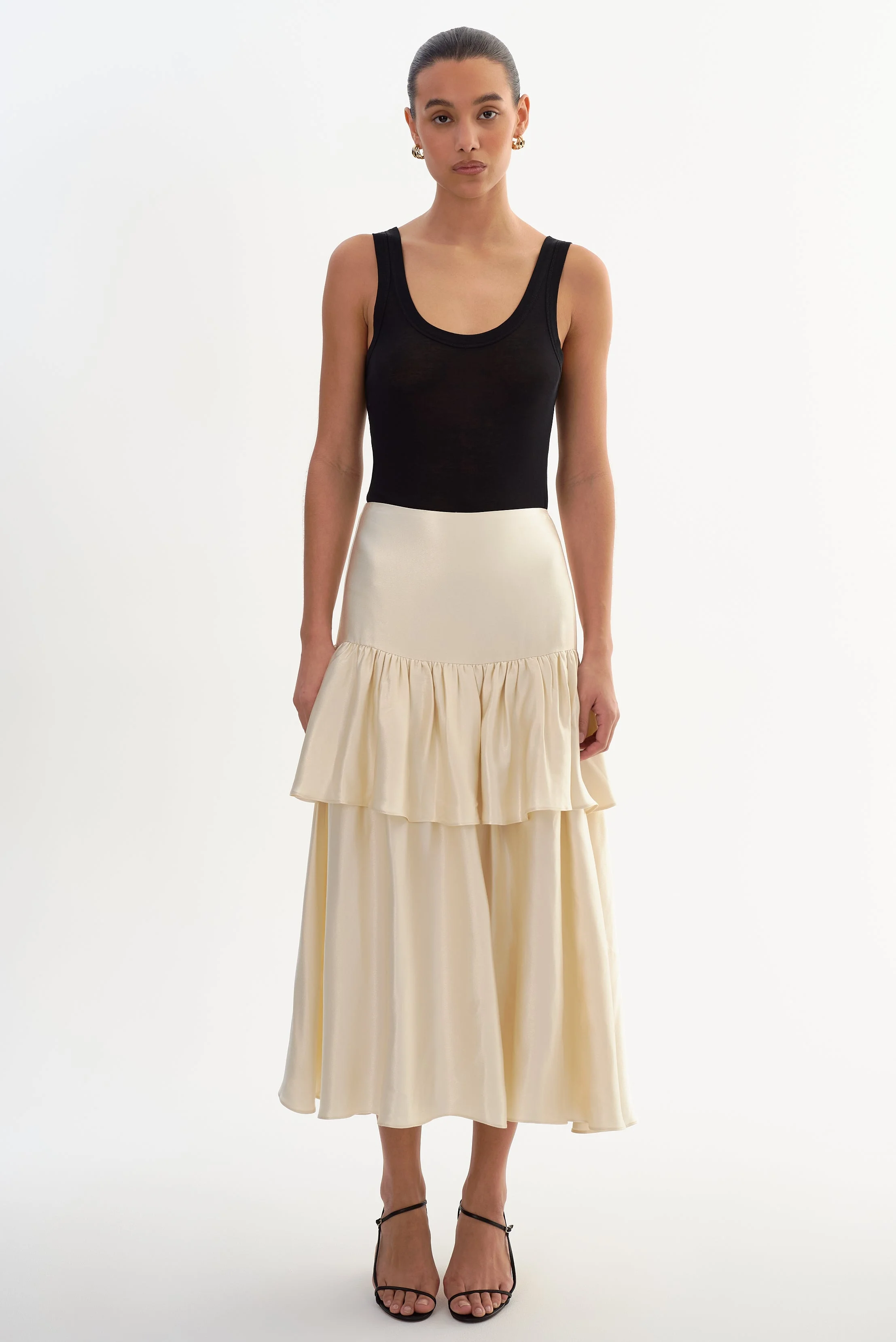CHALINA | Ruffle Satin Midi Skirt - 1