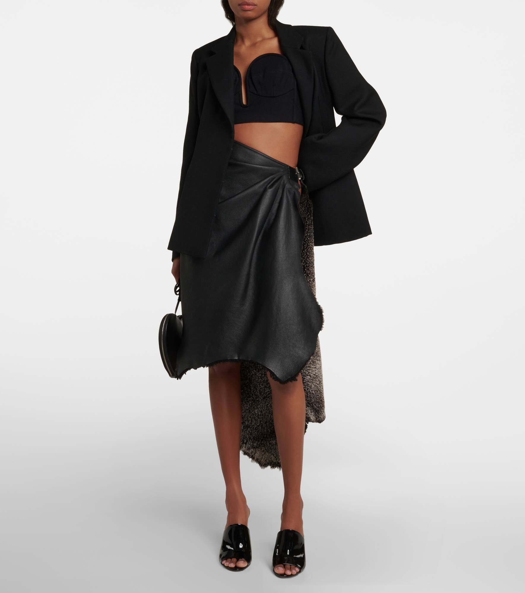 Draped high-rise leather and shearling midi skirt - 2