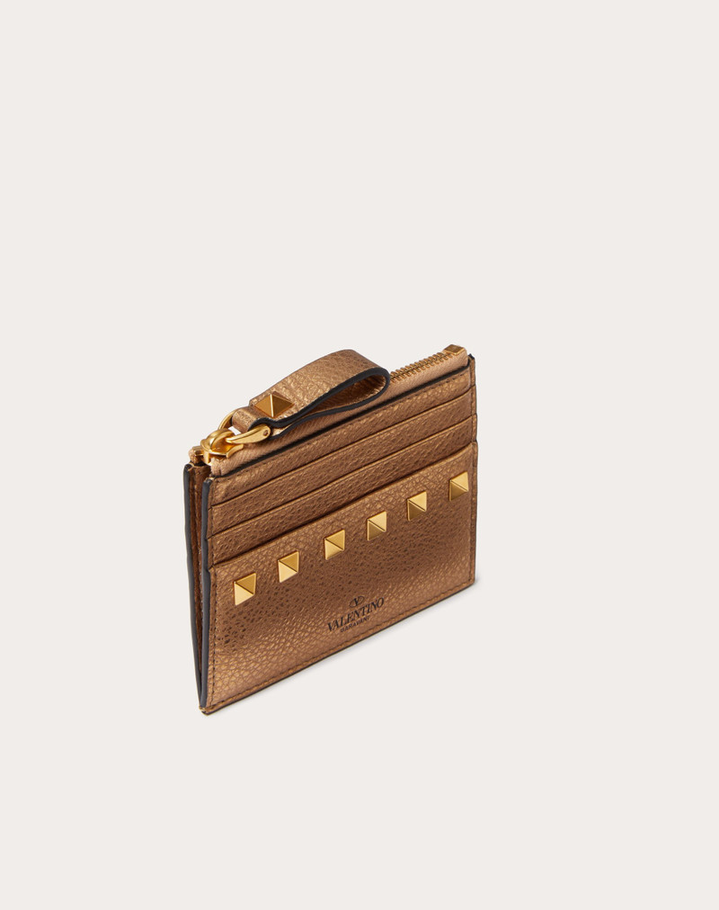 ROCKSTUD METALLIC GRAINY CALFSKIN CARDHOLDER WITH ZIPPER 4