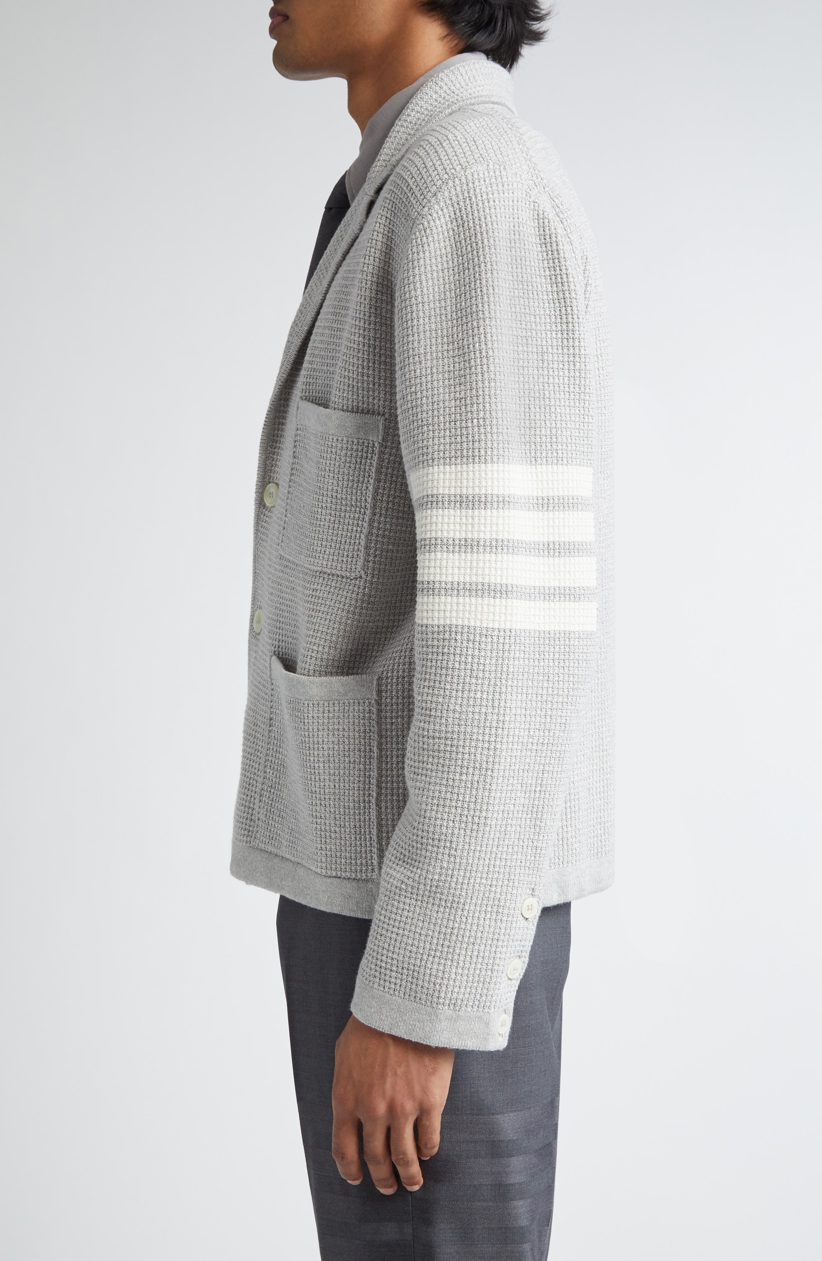 Thom Browne 4-Bar Waffle Knit Sweater Jacket in Light Grey at Nordstrom - 4