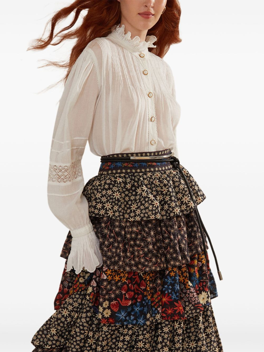 floral-patchwork tiered midi skirt - 3