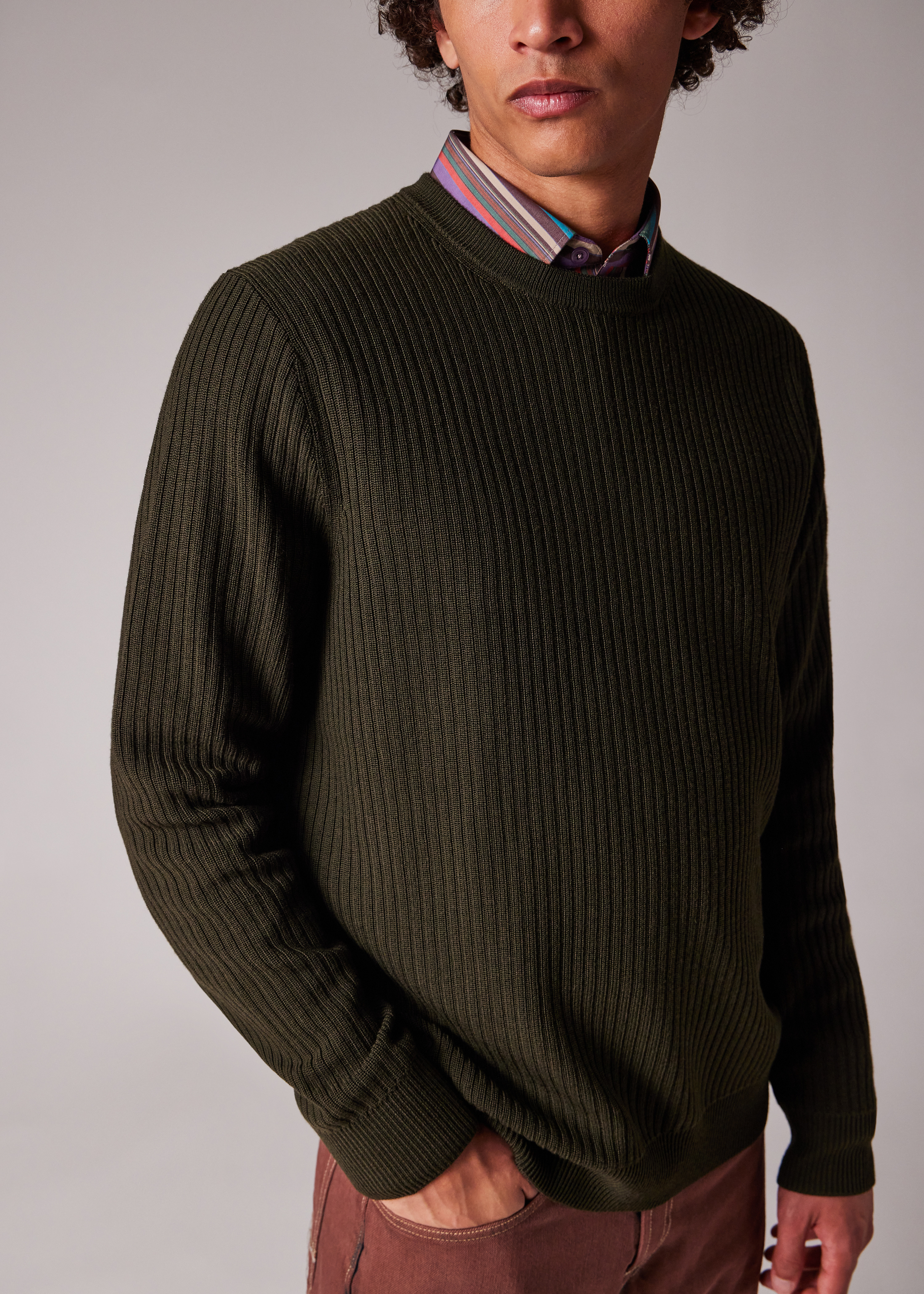 Khaki Washable Merino Wool 'Signature Stripe' Crew Neck Sweater - 7