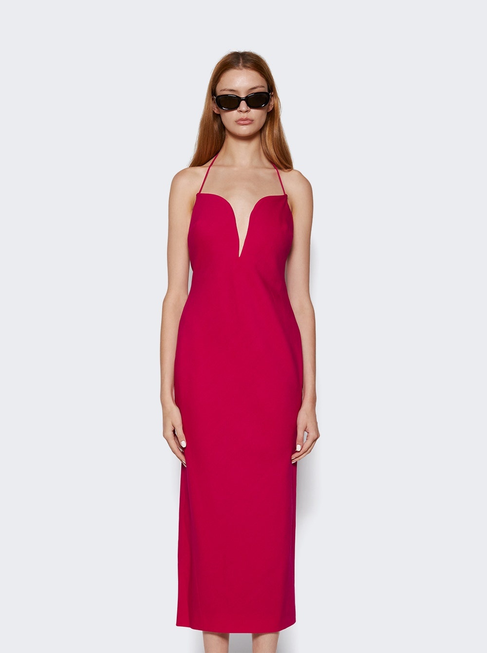 Wool Dress with Plunging Neckline Fuchsia - 3