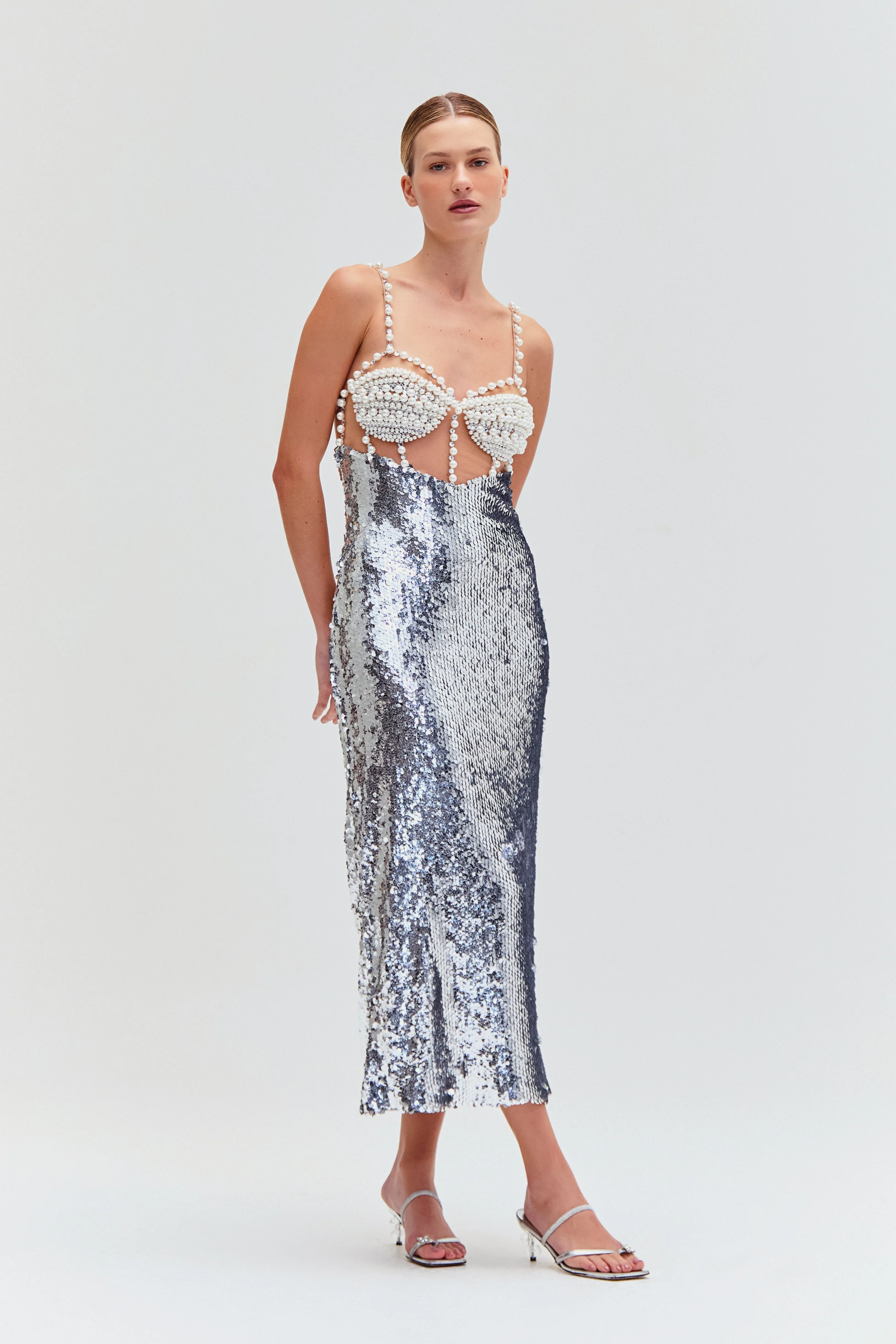 SILVER SEQUIN BEADED MIDI DRESS - 1