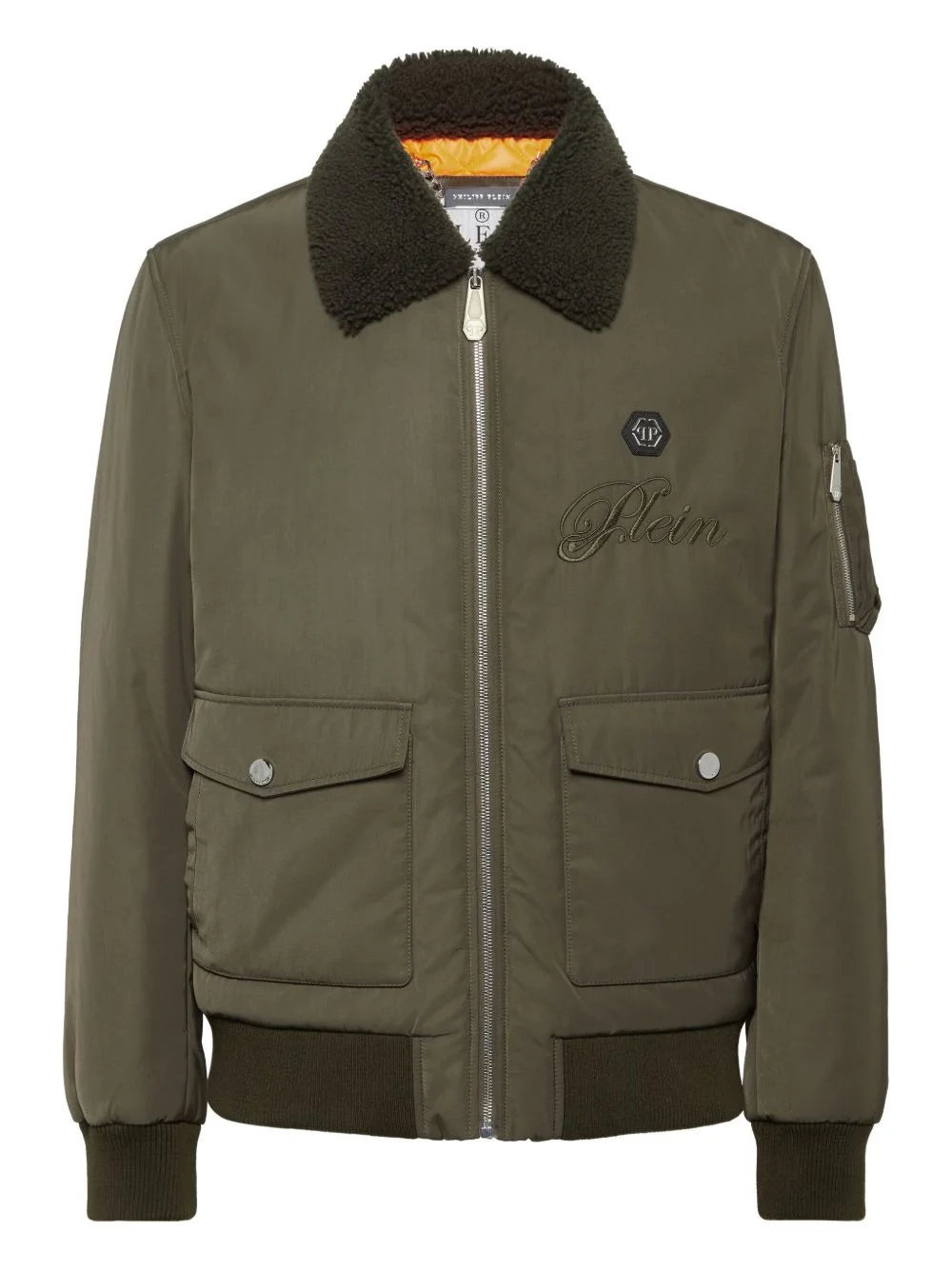 shearling-collar embroidered bomber jacket - 1