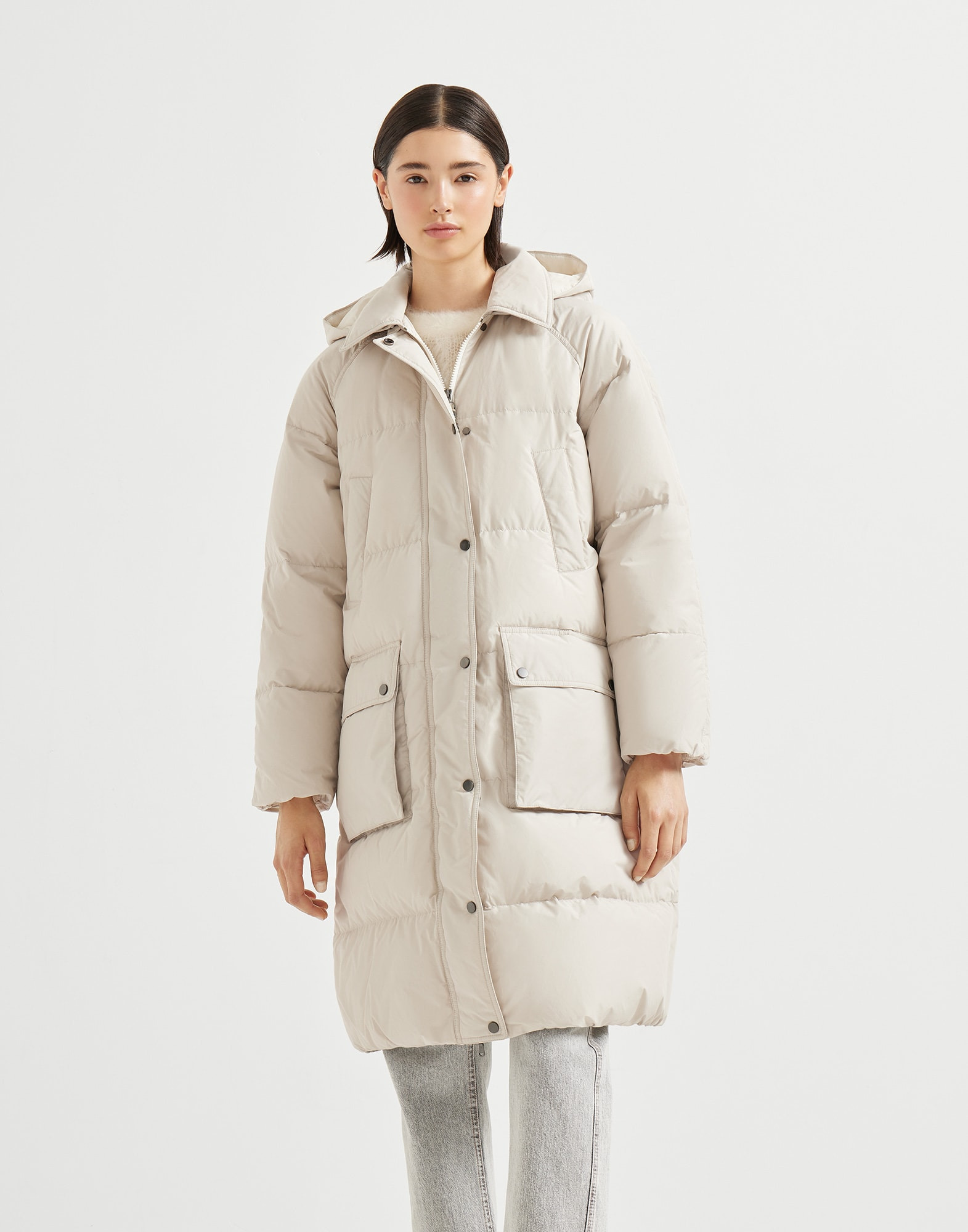 Techno cotton water-resistant taffeta down jacket with detachable hood and shiny zipper pull - 1