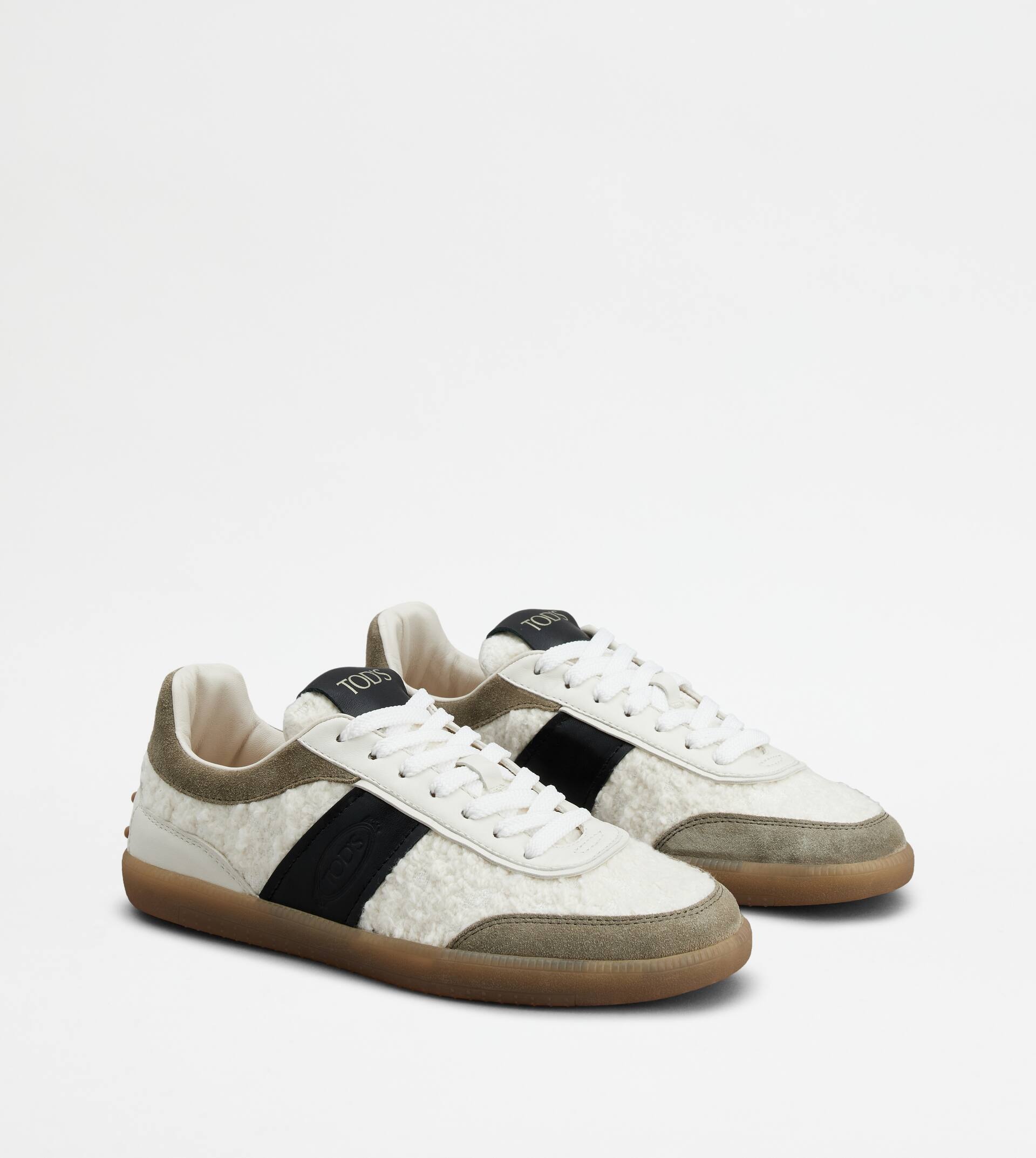 TOD'S TABS SNEAKERS IN LEATHER AND BOUCLÉ FABRIC - OFF WHITE, GREY, BLACK - 3
