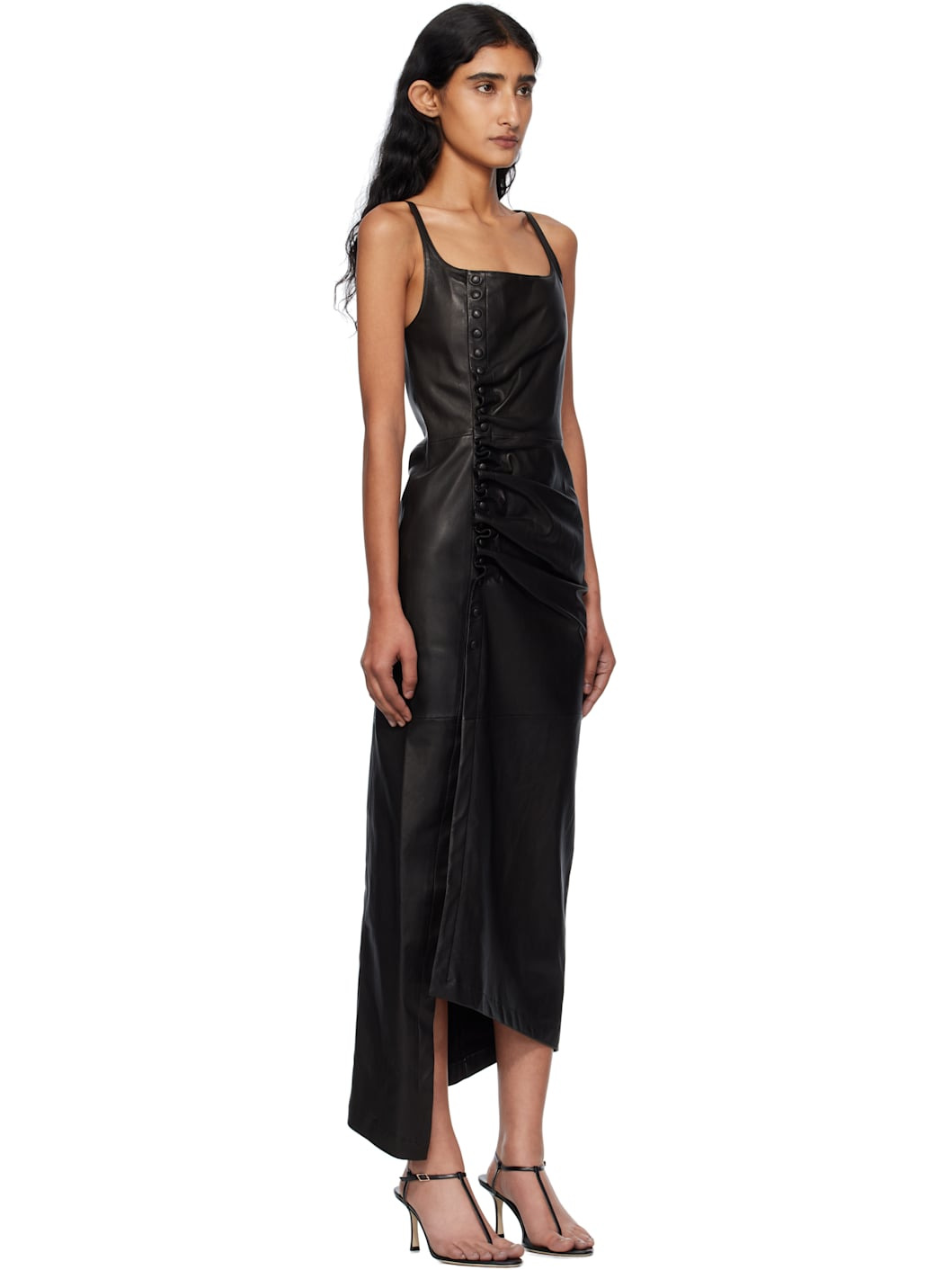 Black Draped Leather Midi Dress - 2