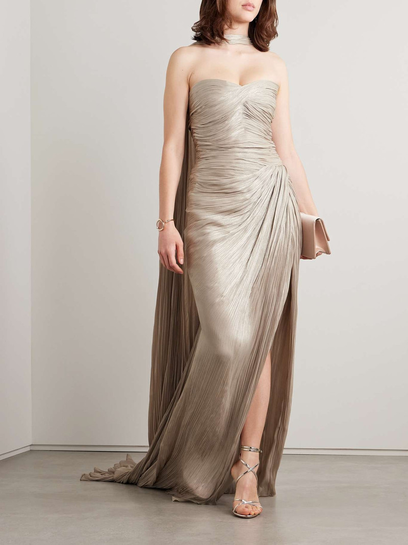 MARMAR HALIM Strapless draped metallic plissé-silk gown and cape Taupe outlook