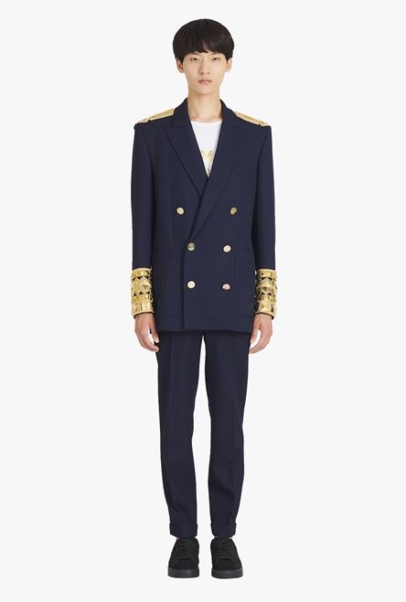 Navy blue twill blazer with double-breasted gold-tone buttoned fastening - 4