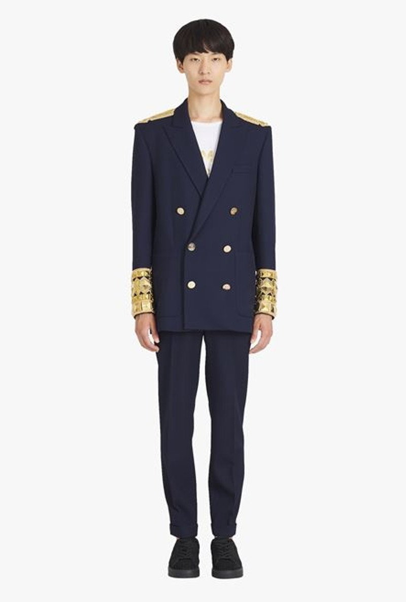 Navy blue twill blazer with double-breasted gold-tone buttoned fastening 4
