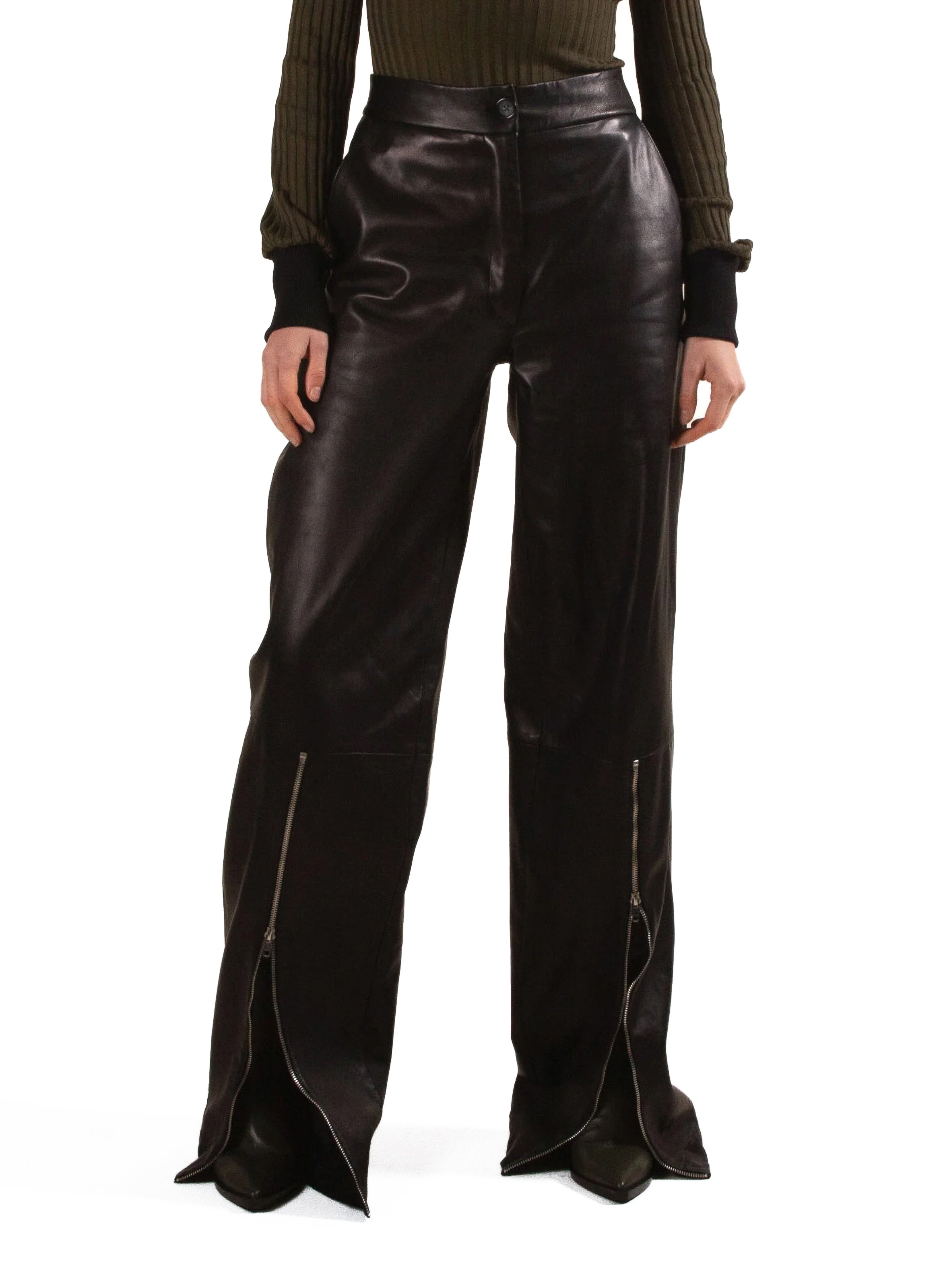 Wide Leg Leather Zipper Trousers - 1