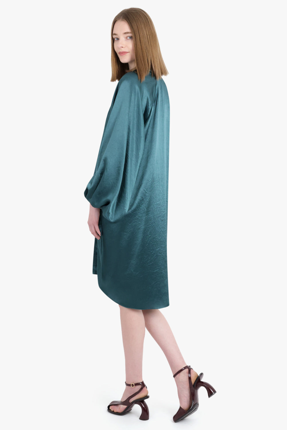 BALLOON SLEEVE V-NECK MIDI DRESS | FOREST GREEN - 3