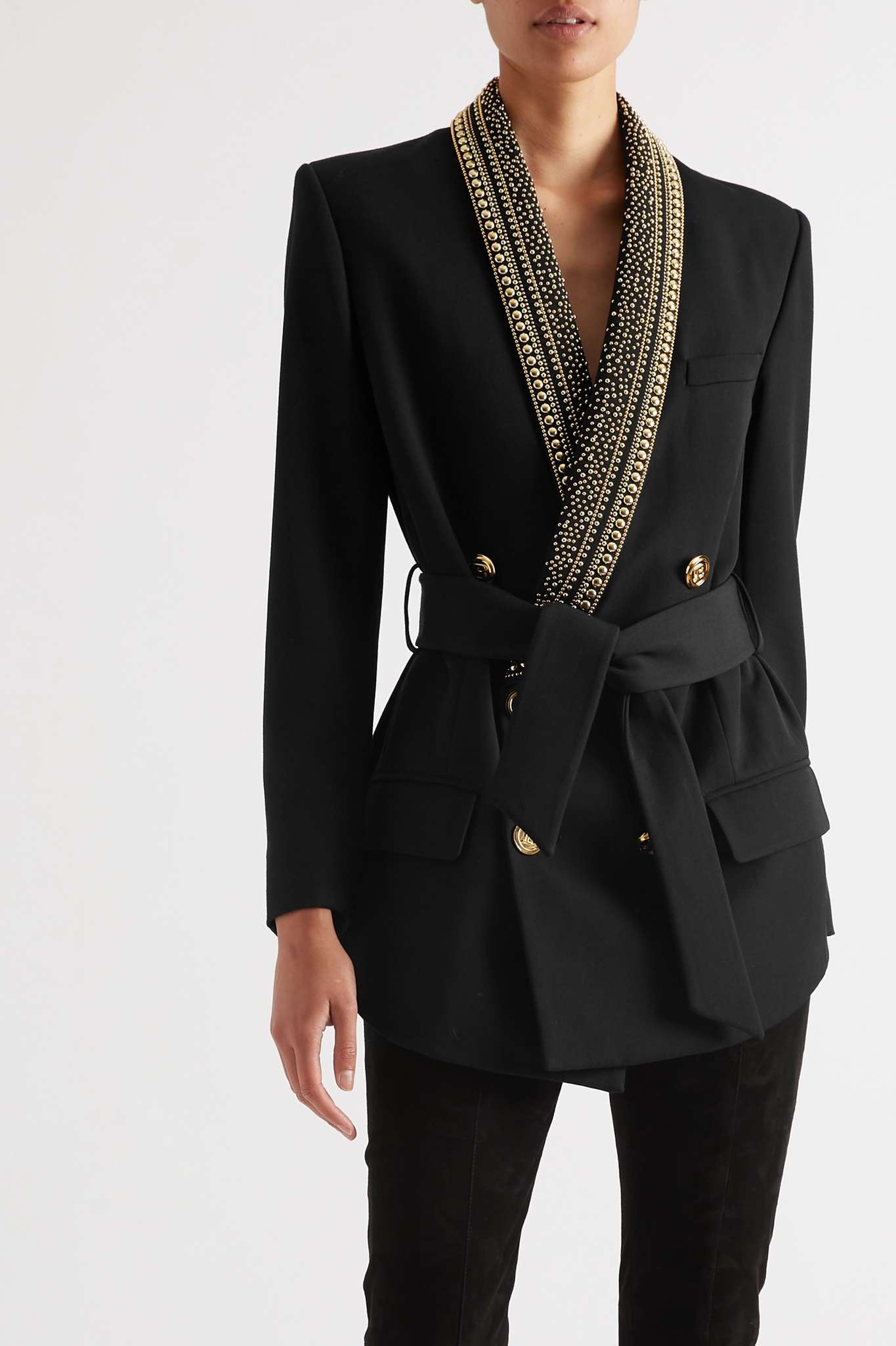 Belted studded double-breasted grain de poudre wool blazer - 2