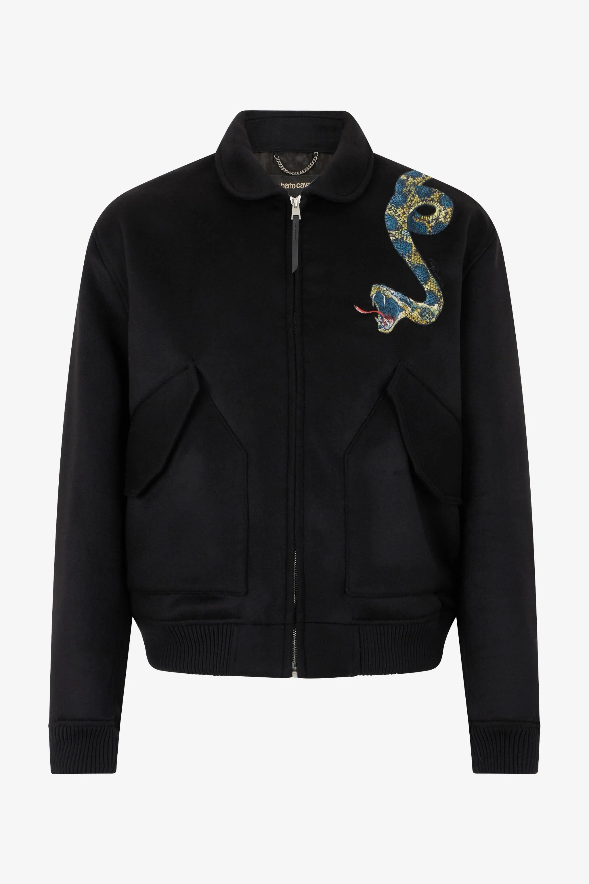 Black Bomber Jacket With Snake Embroidery - 1