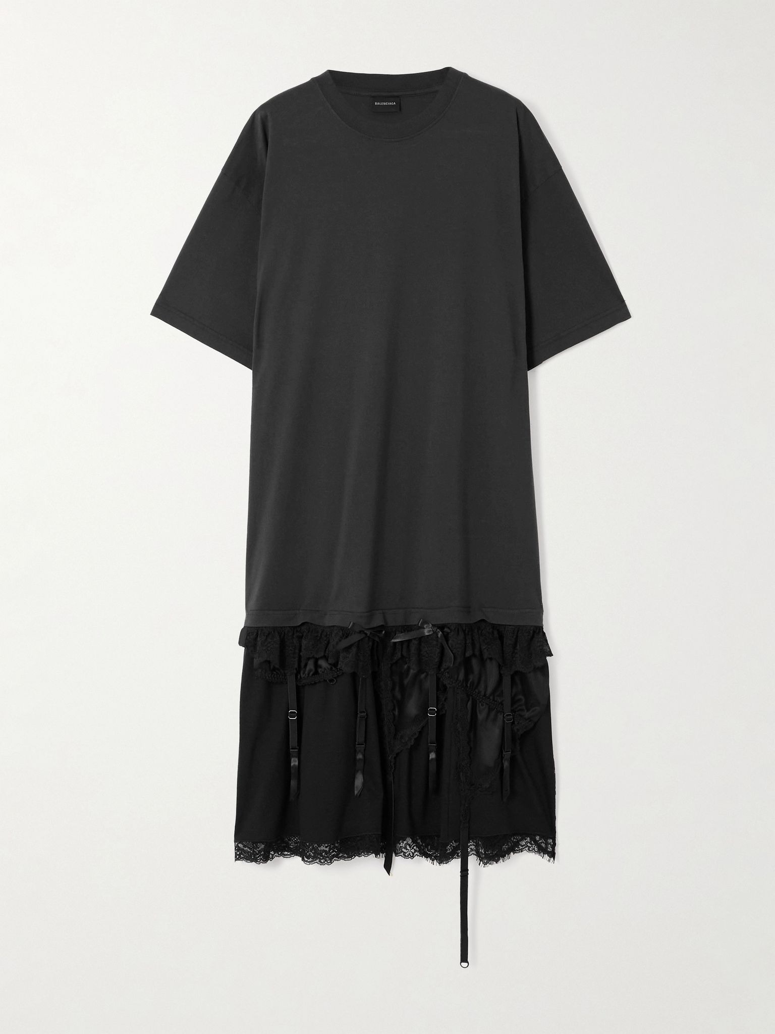 Layered lace-trimmed cotton-jersey and silk-satin mini dress Black - 1