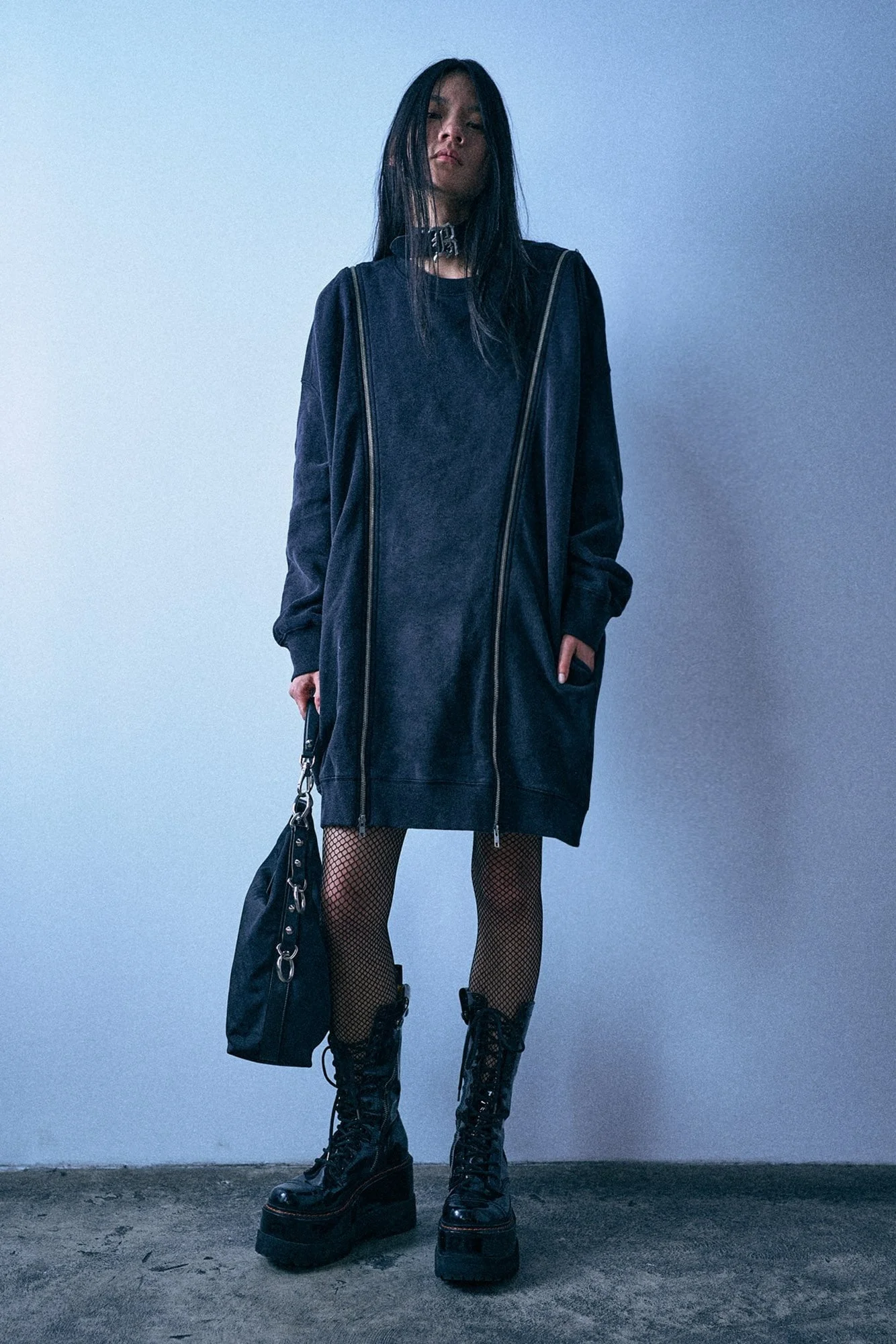 Zippered Grunge Sweatshirt Dress - 1