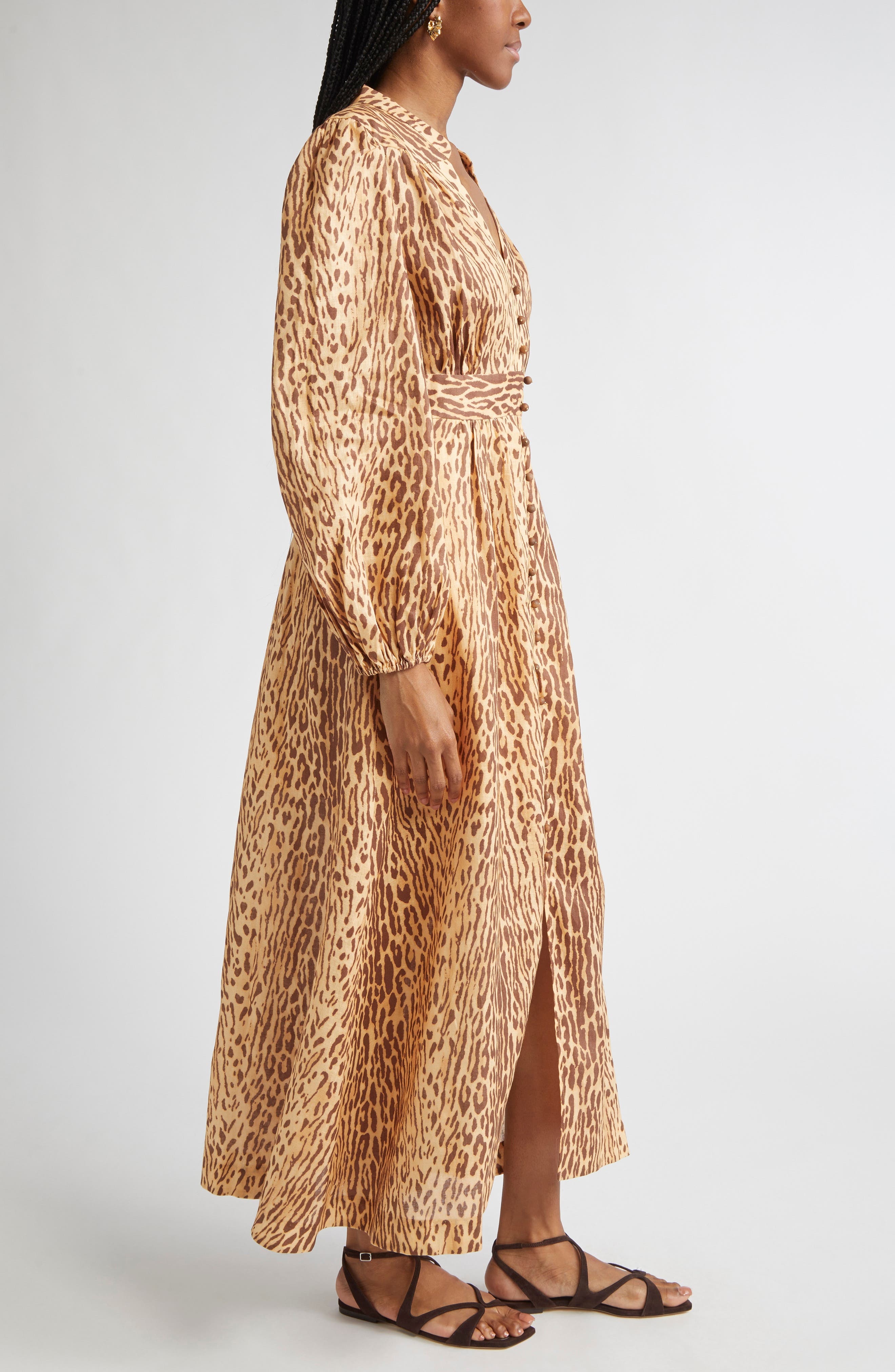 Zimmermann Cascadian Leopard Print Long Sleeve Linen Midi Dress in Tan Leopard at Nordstrom - 3