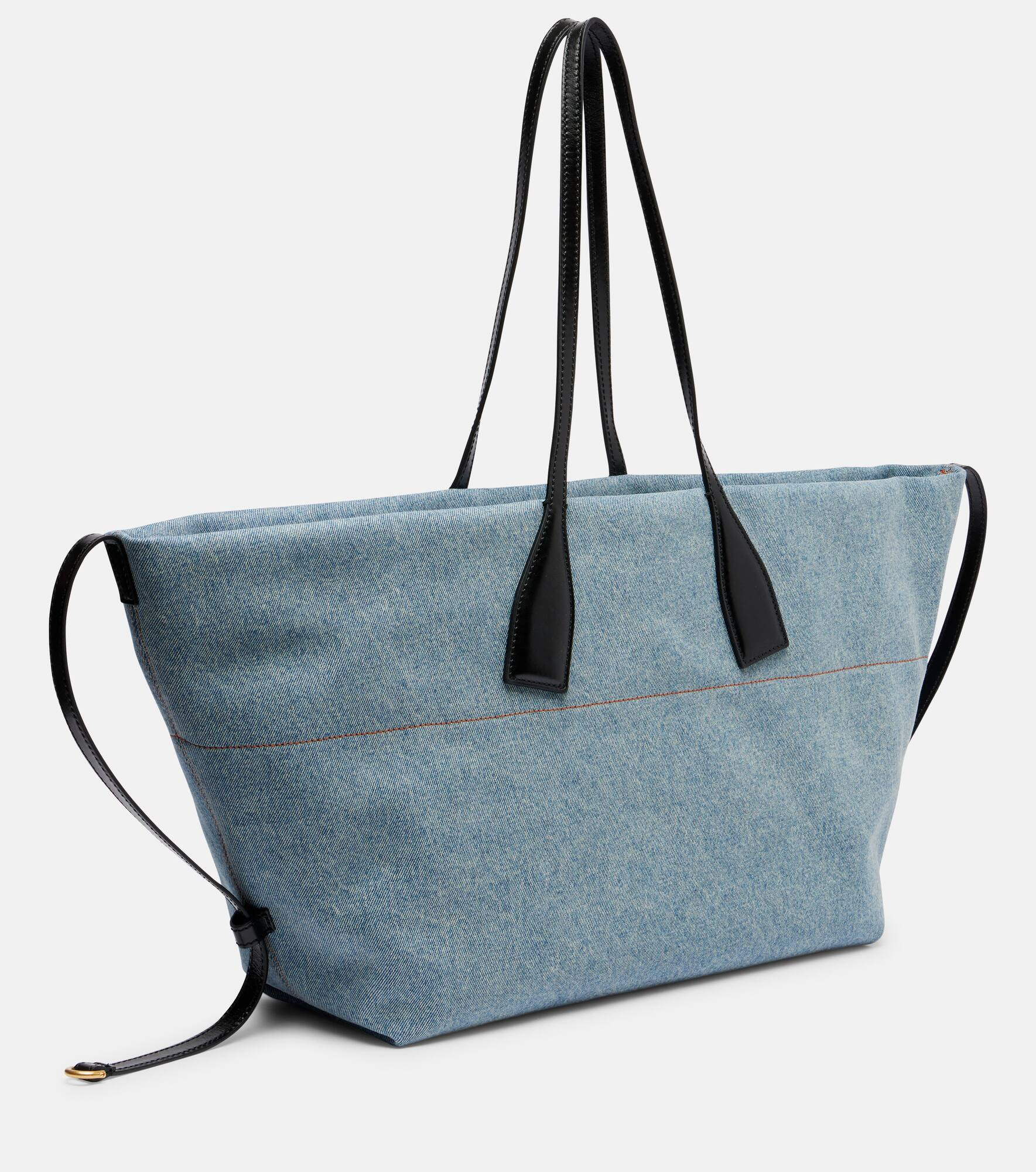 Track leather-trimmed denim tote bag - 4