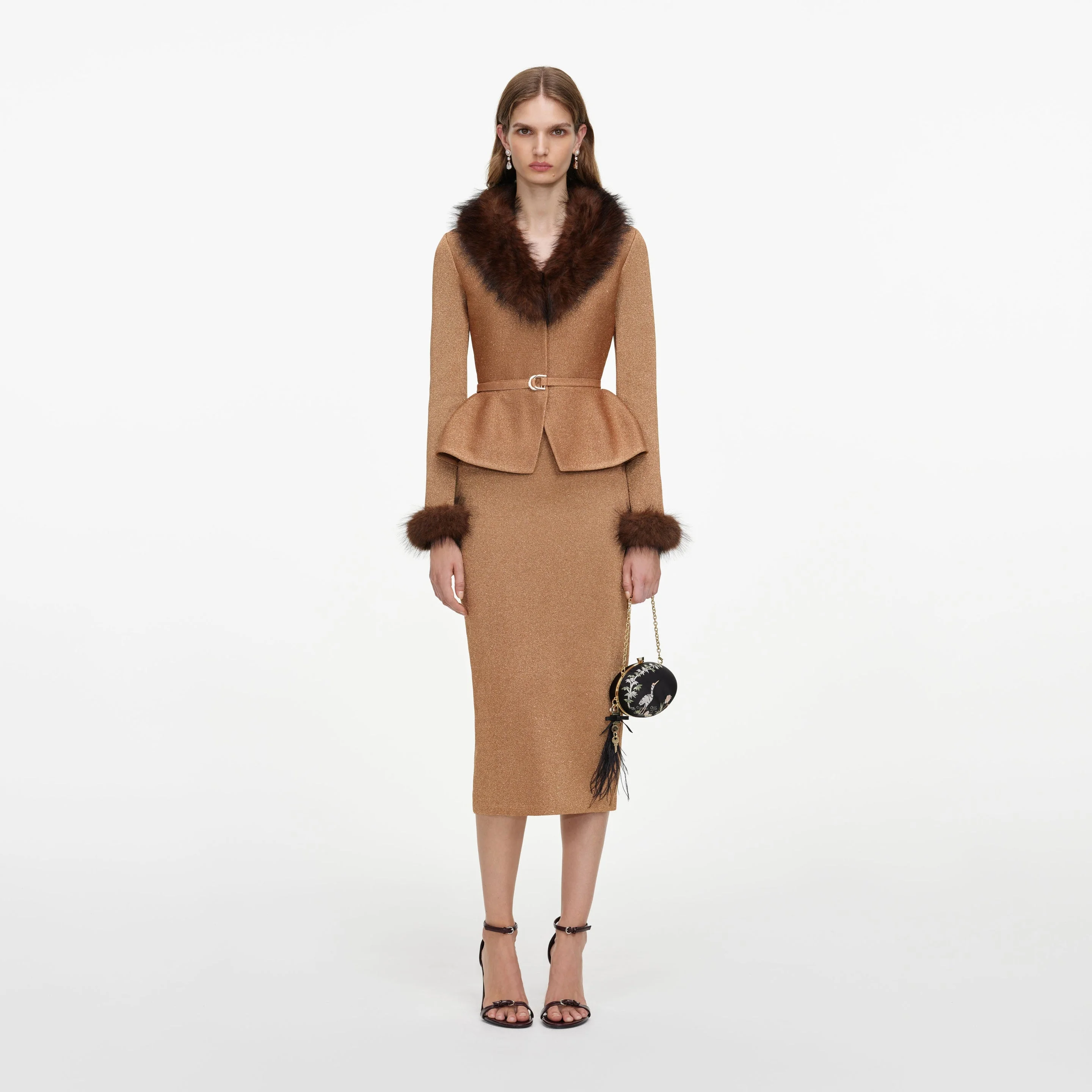 Gold Fur Collar Knit Midi Dress - 1