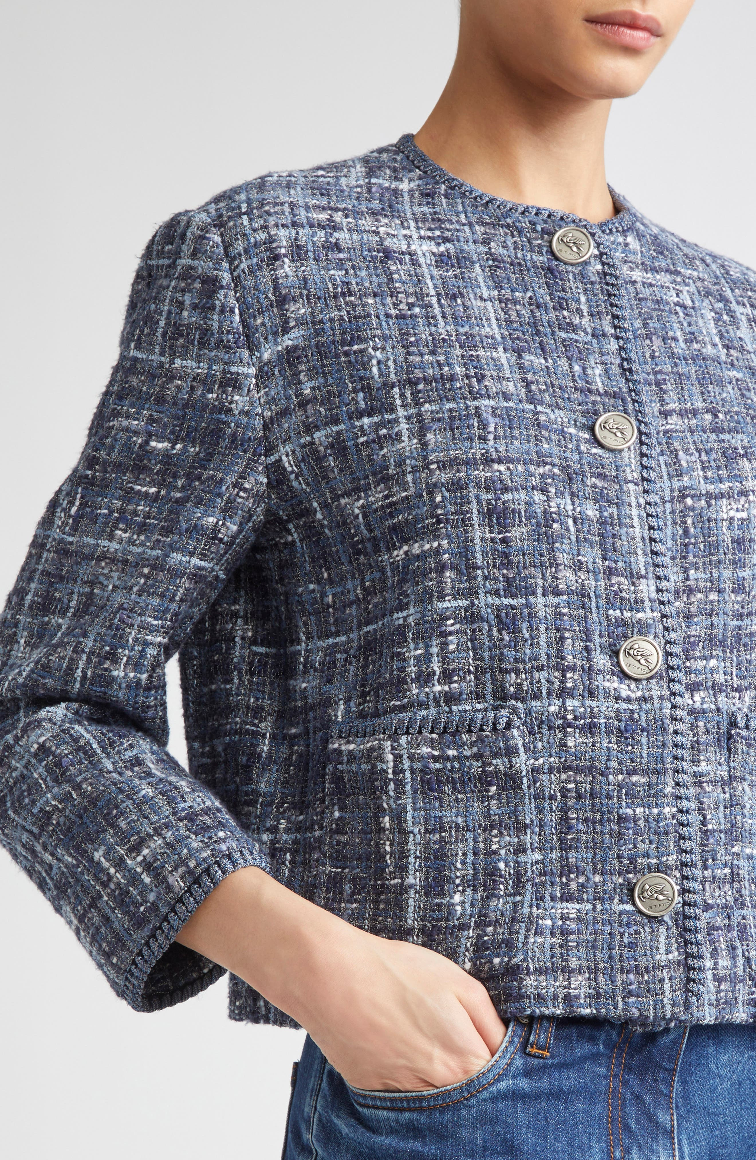 Etro Abstract Check Crop Bouclé Jacket in Multicolor Blue Base at Nordstrom - 5